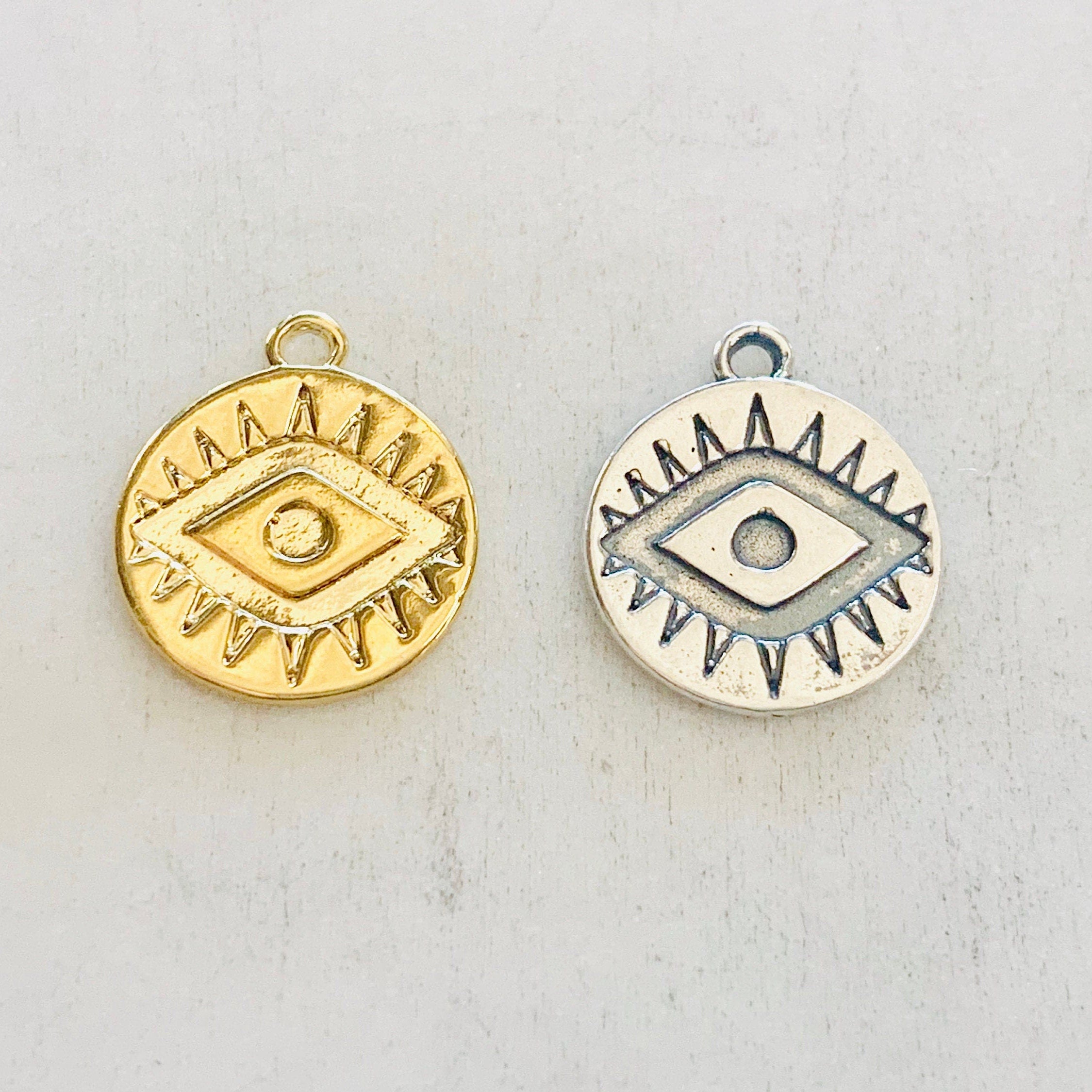 Sterling Silver or Vermeil Evil Eye Disc Charm Coin or Religious Protection