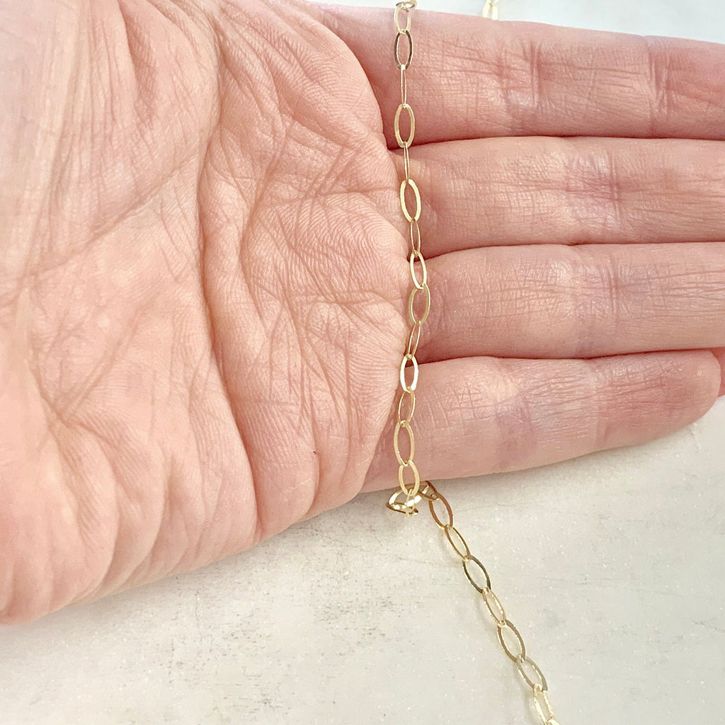 14K Gold Filled 5.7mm x 2.8mm Chain Flat Hammered Oval – Sold by the Foot
