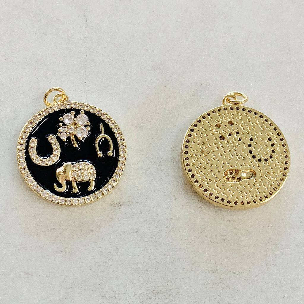 Gold Plated Good Luck CZ Coin Charm Four Leaf Clover Horseshoe