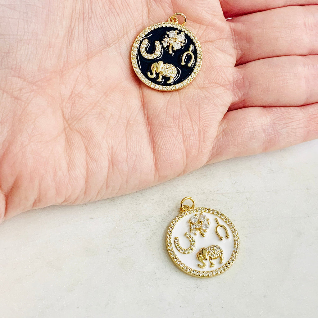 Gold Plated Good Luck CZ Coin Charm Four Leaf Clover Horseshoe
