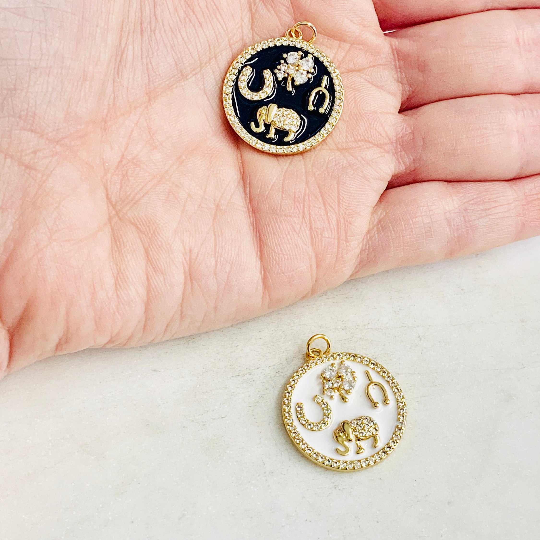 Gold Plated Good Luck CZ Coin Charm Four Leaf Clover Horseshoe