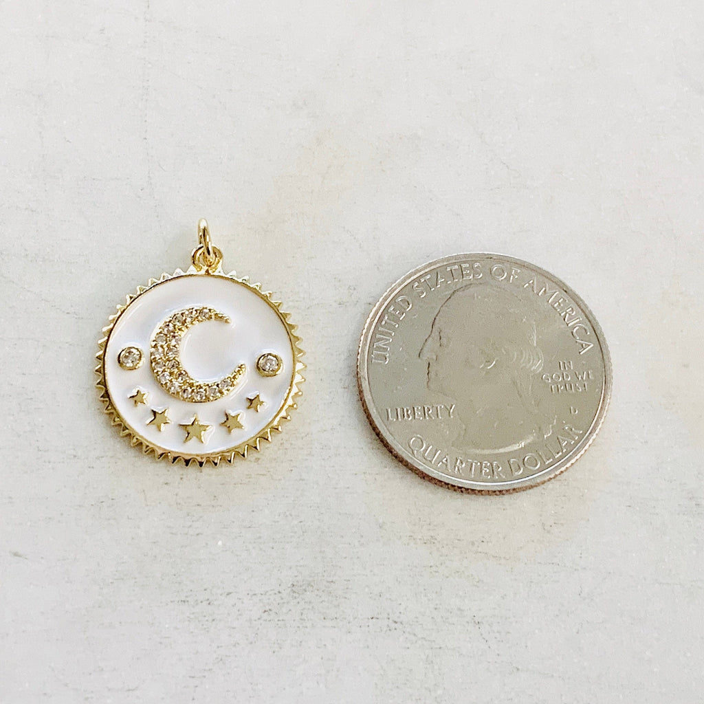 Gold Plated Cubic Zirconia Crescent Moon and Star Coin Pendant Pave