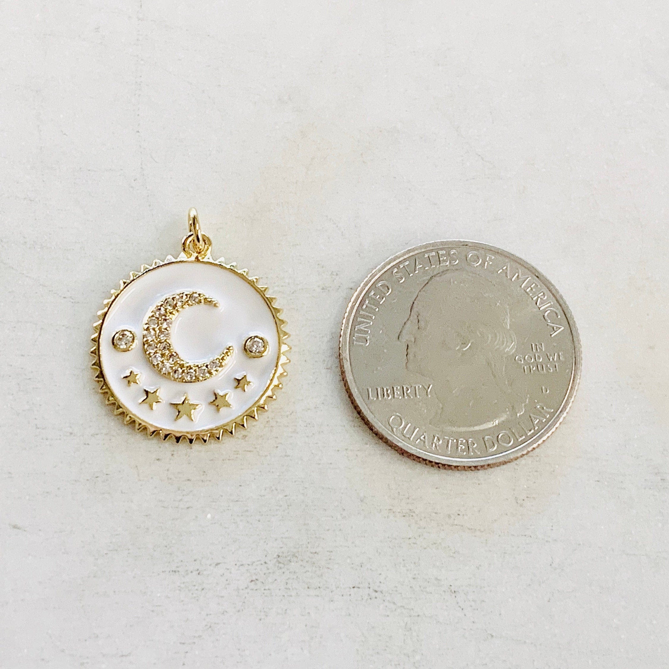 Gold Plated Cubic Zirconia Crescent Moon and Star Coin Pendant Pave