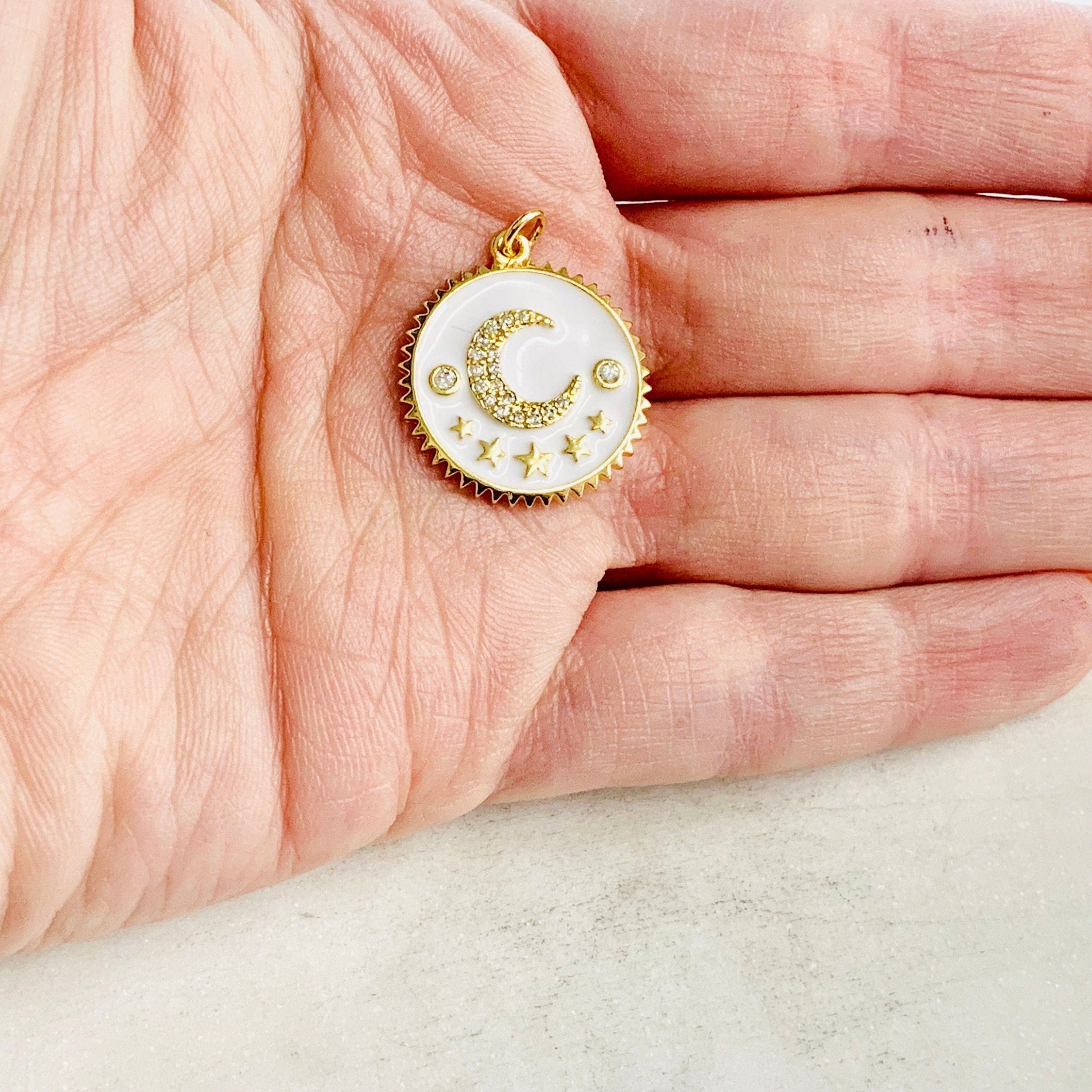 Gold Plated Cubic Zirconia Crescent Moon and Star Coin Pendant Pave