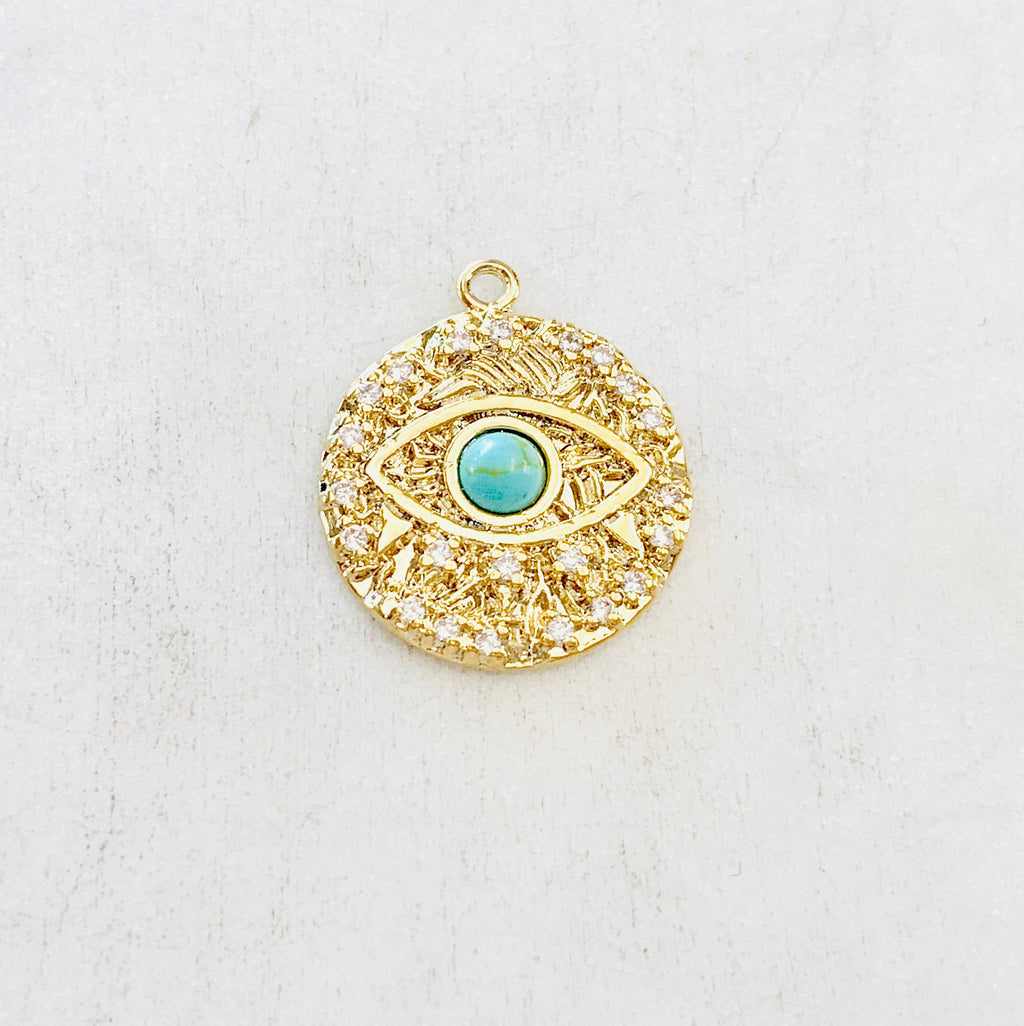 Gold Plated or Rhodium Plated Evil Eye Coin Turquoise Gold Round 20mm