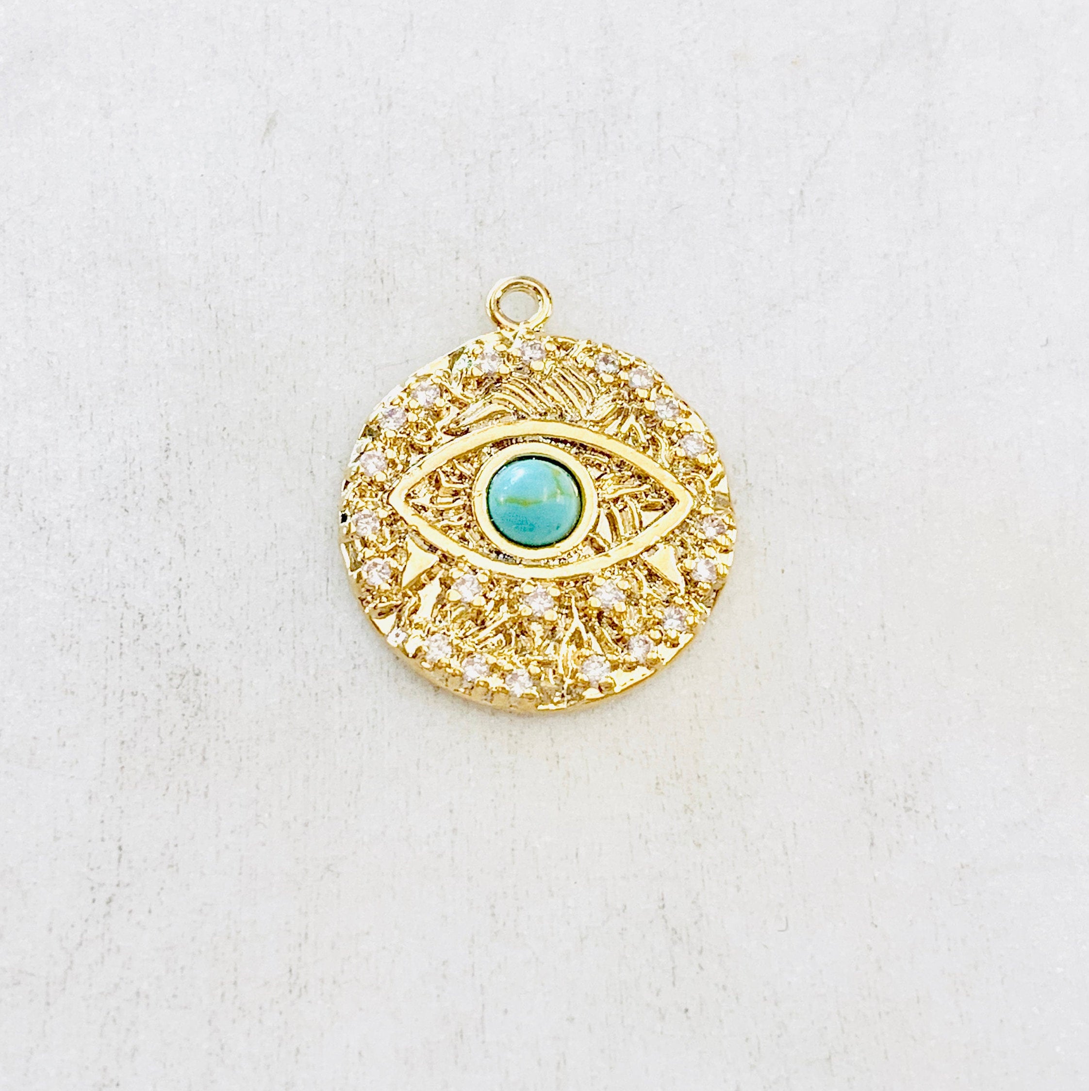 Gold Plated or Rhodium Plated Evil Eye Coin Turquoise Gold Round 20mm