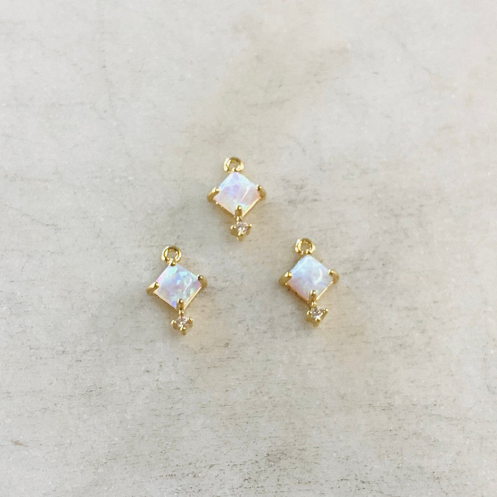 Gold Plated Tiny Square Opal Cubic Zirconia Dainty Drop Bezel Charm