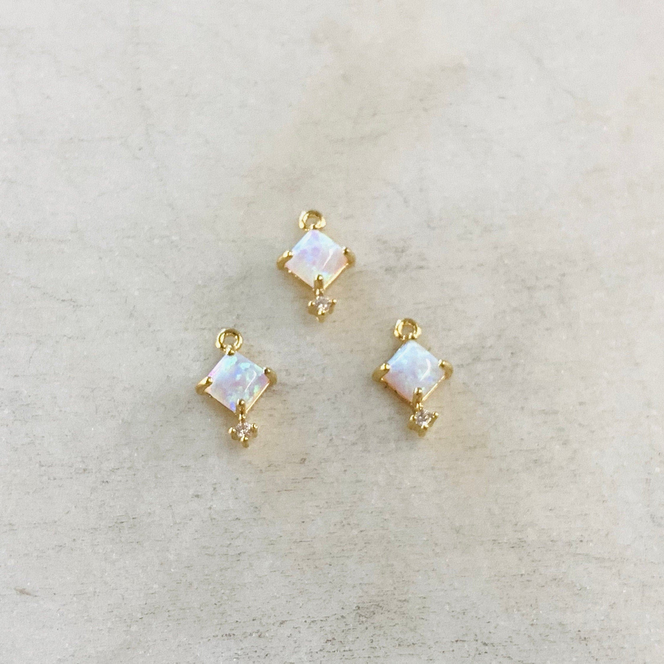 Gold Plated Tiny Square Opal Cubic Zirconia Dainty Drop Bezel Charm – Gold
