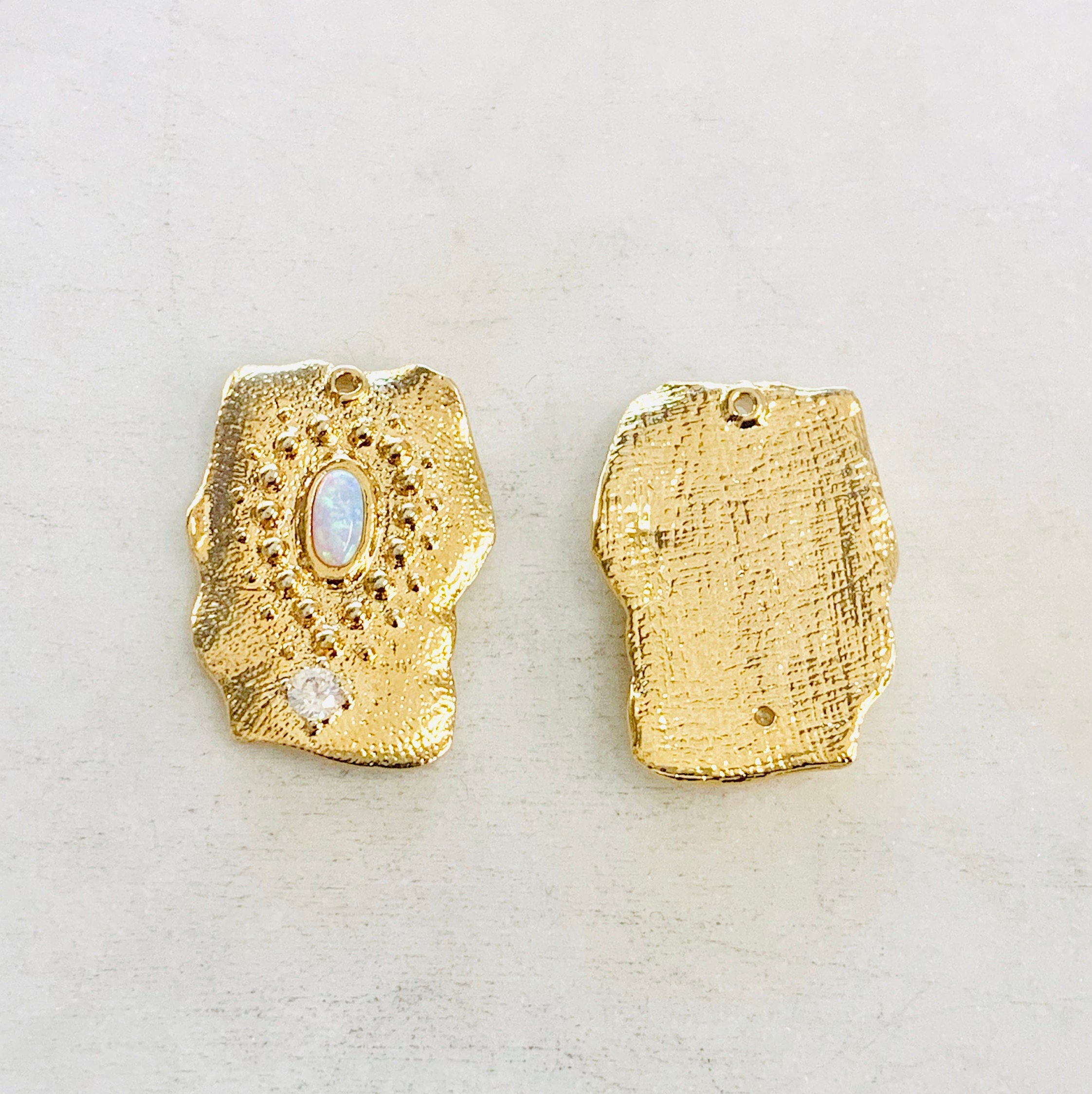 Gold Plated Whimsical Organic Square Vintage Opal Cubic Zirconia