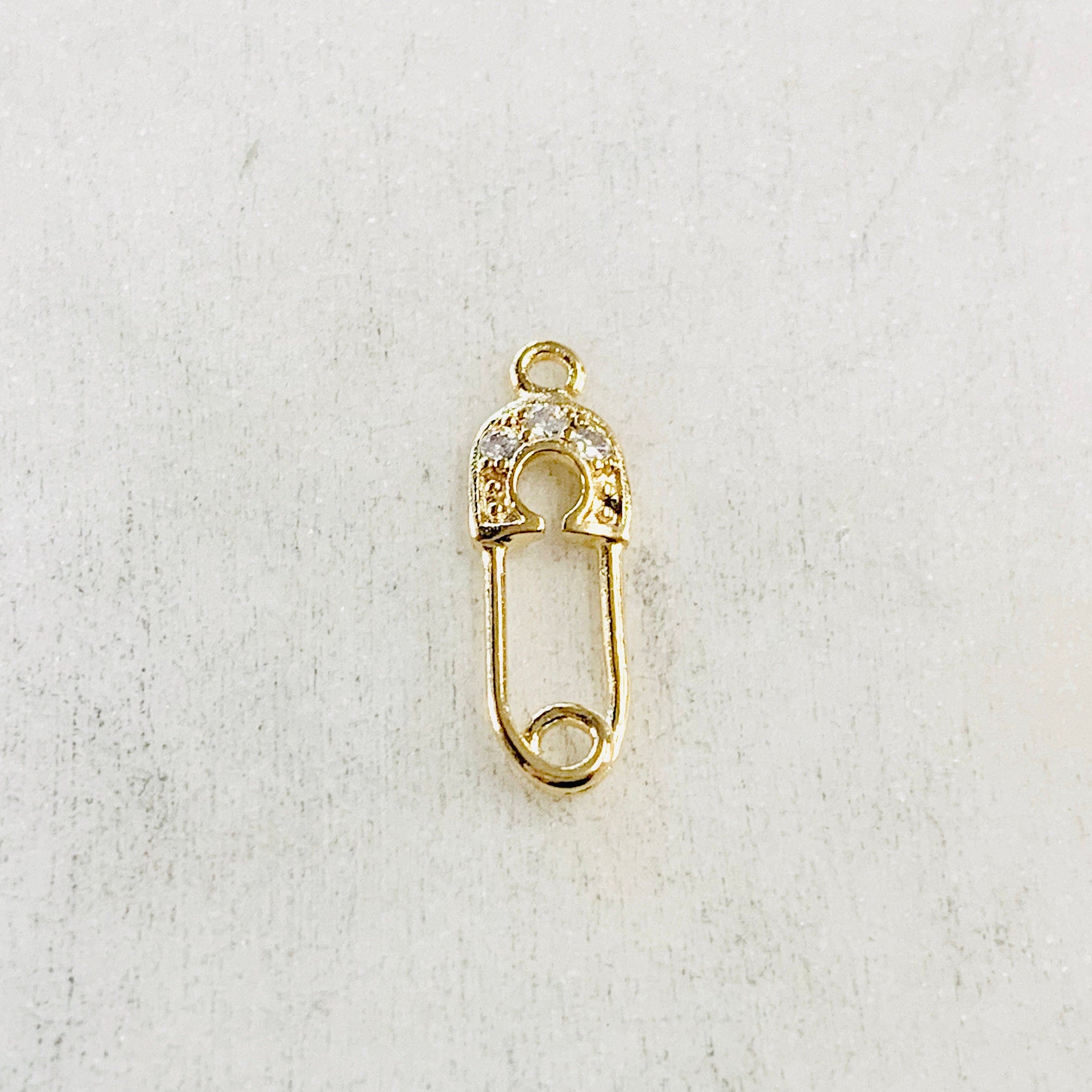 Gold Plated or Rhodium Plated or CZ Tiny Safety Pin Connector Charm Pendant