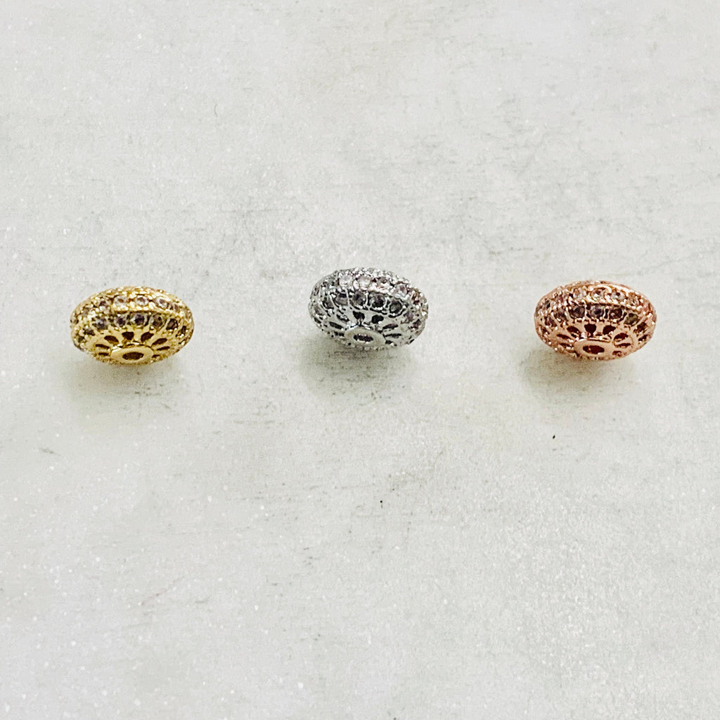 Rhodium Plated Fancy 9mm Pave Cubic Zirconia CZ Rose Gold Rondelle
