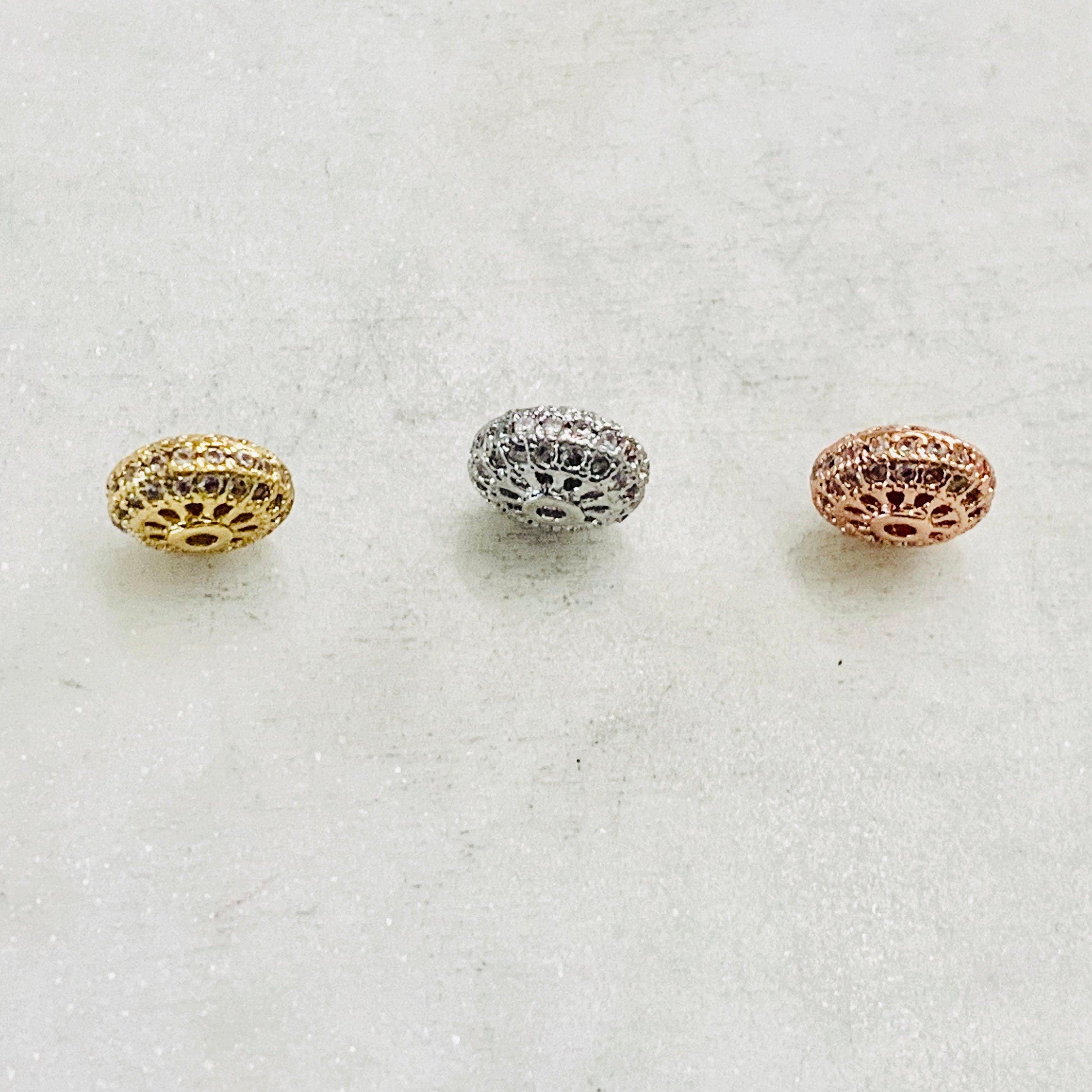 Rhodium Plated Fancy 9mm Pave Cubic Zirconia CZ Rose Gold Rondelle