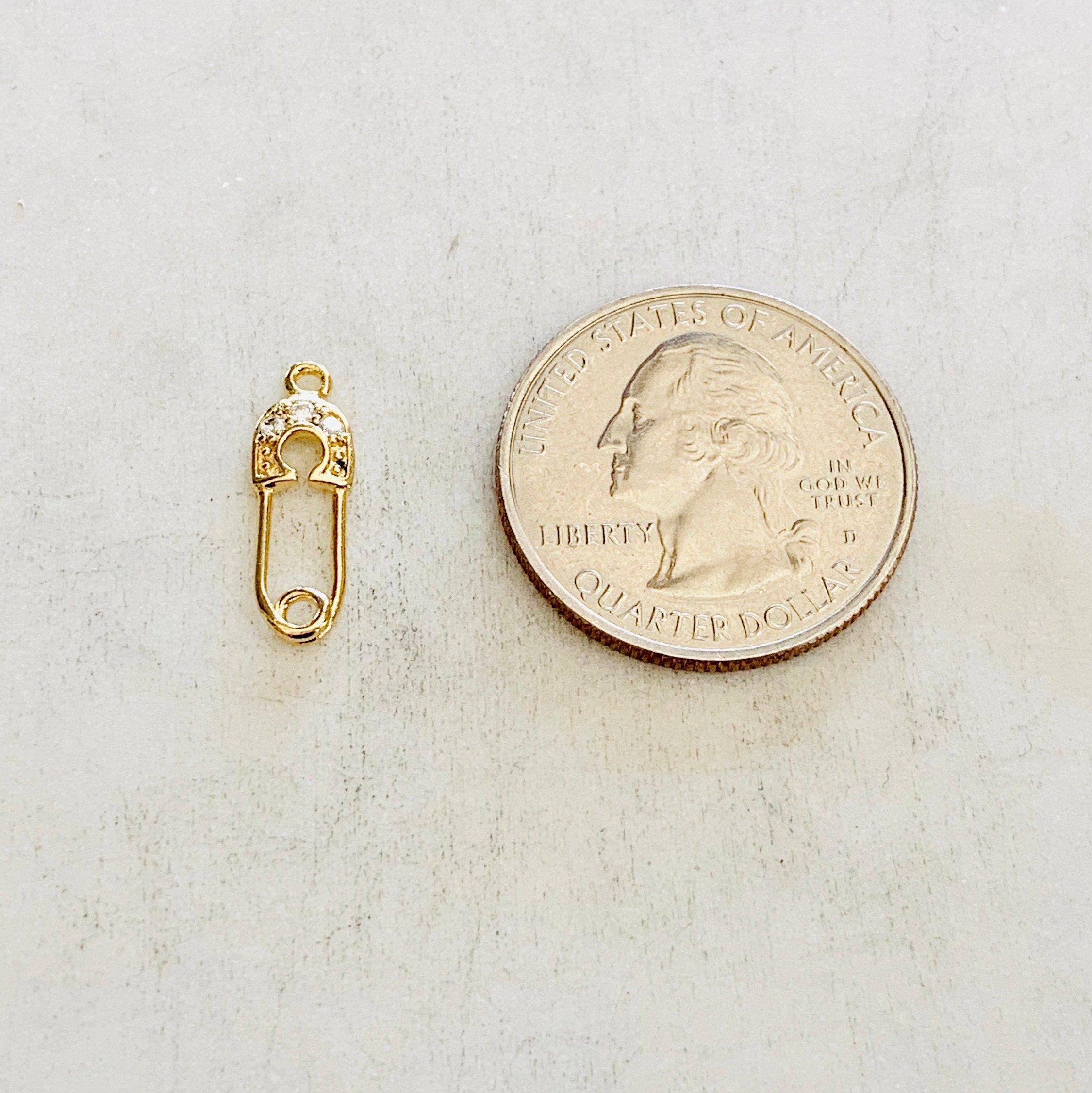 Gold Plated or Rhodium Plated or CZ Tiny Safety Pin Connector Charm Pendant