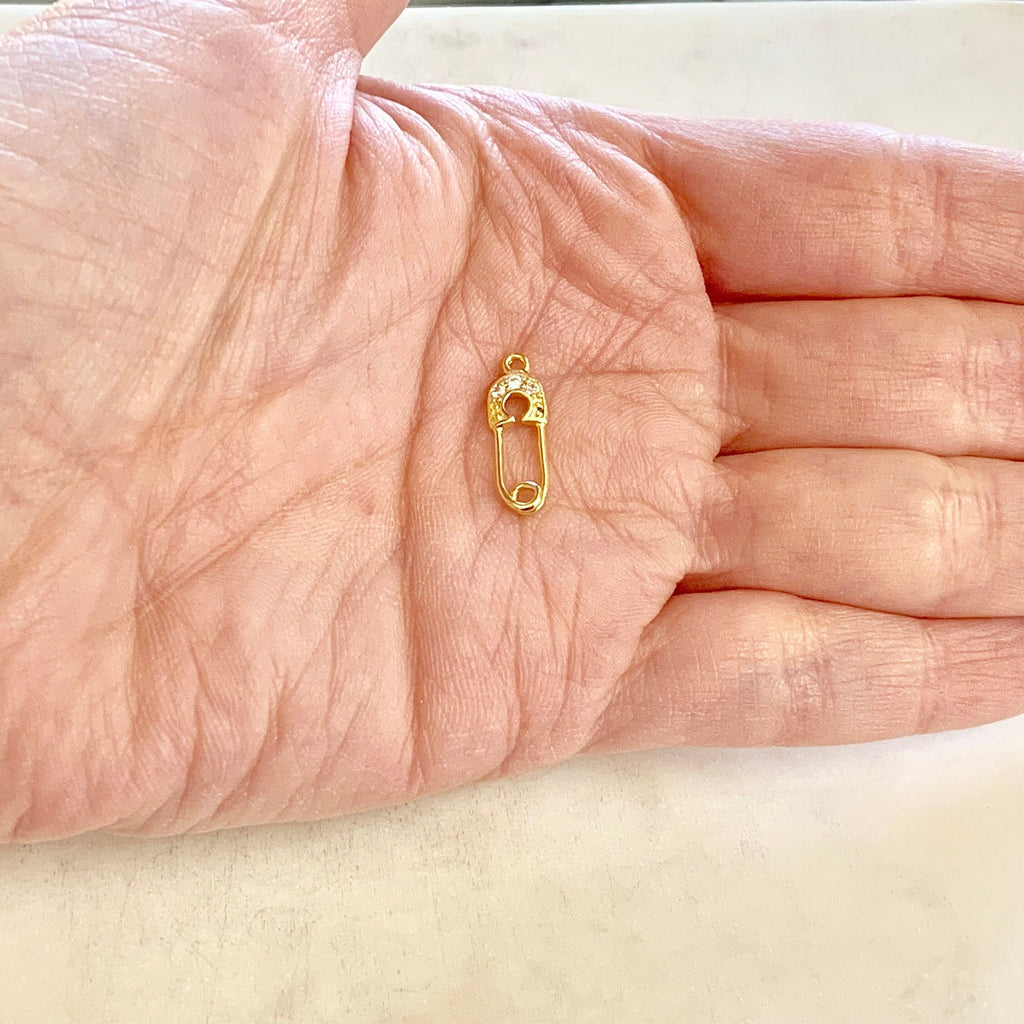 Gold Plated or Rhodium Plated or CZ Tiny Safety Pin Connector Charm Pendant