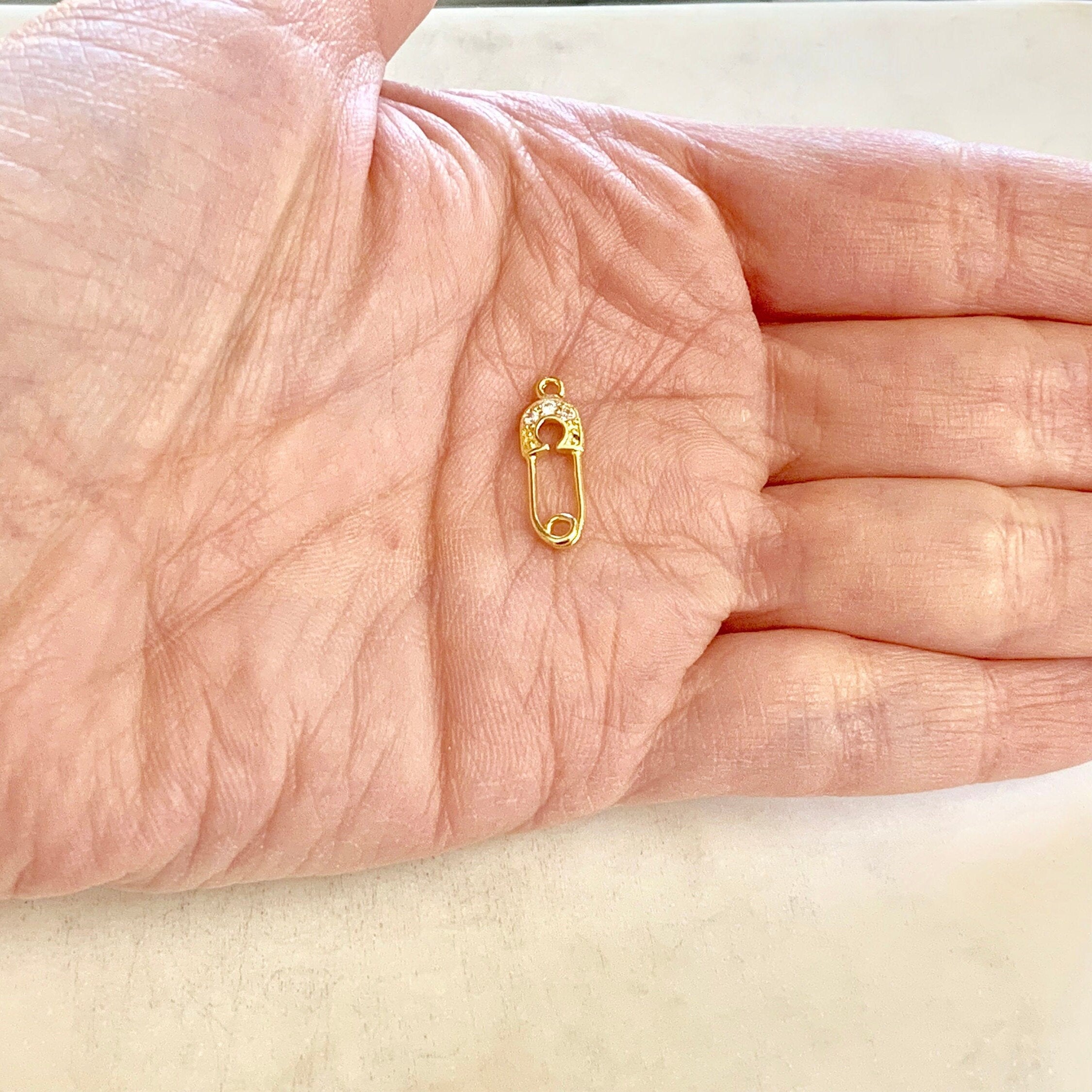 Gold Plated or Rhodium Plated or CZ Tiny Safety Pin Connector Charm Pendant
