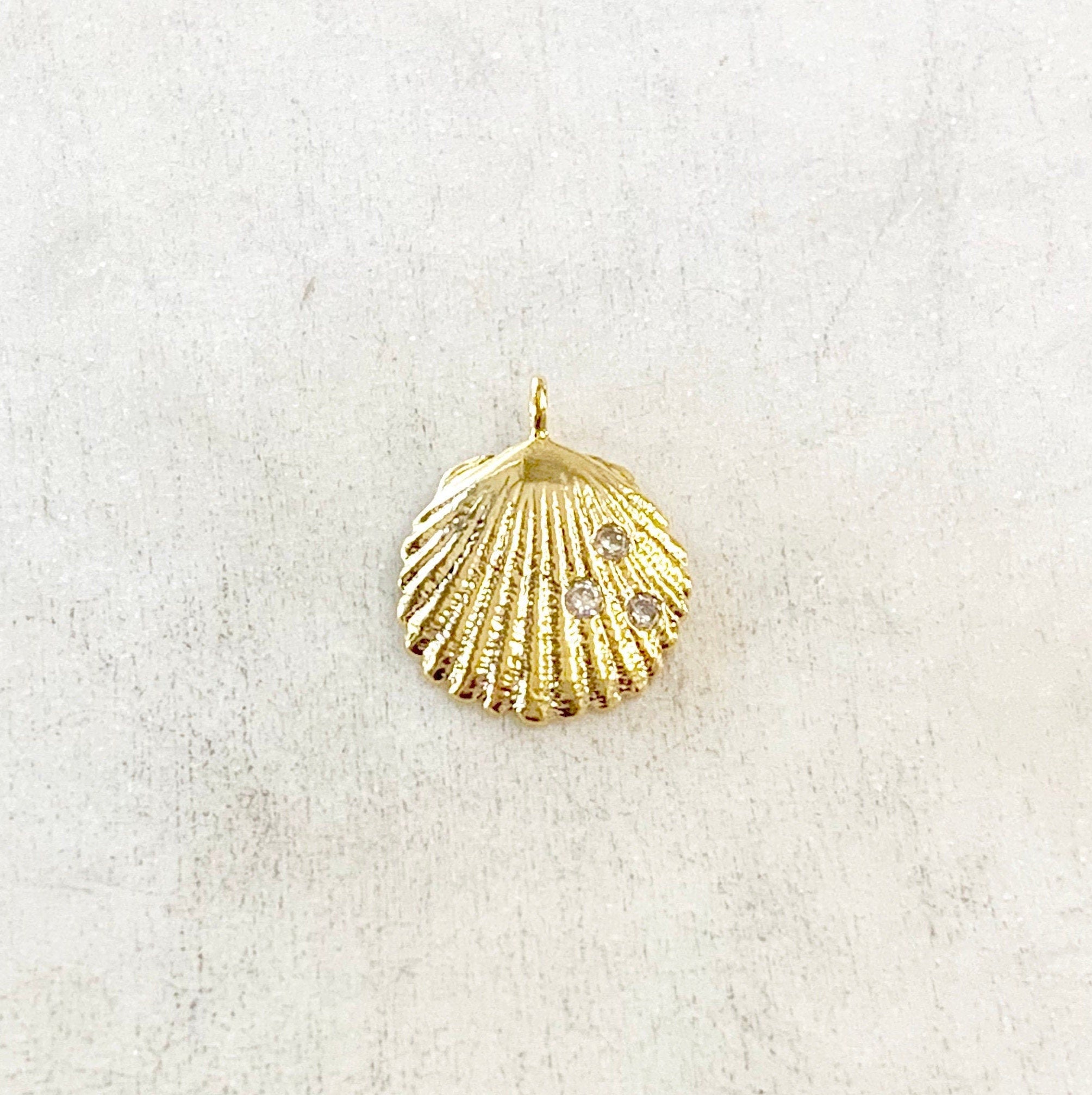 Gold Plated CZ Dainty SeaShell Ocean Nautical Charm Pendant