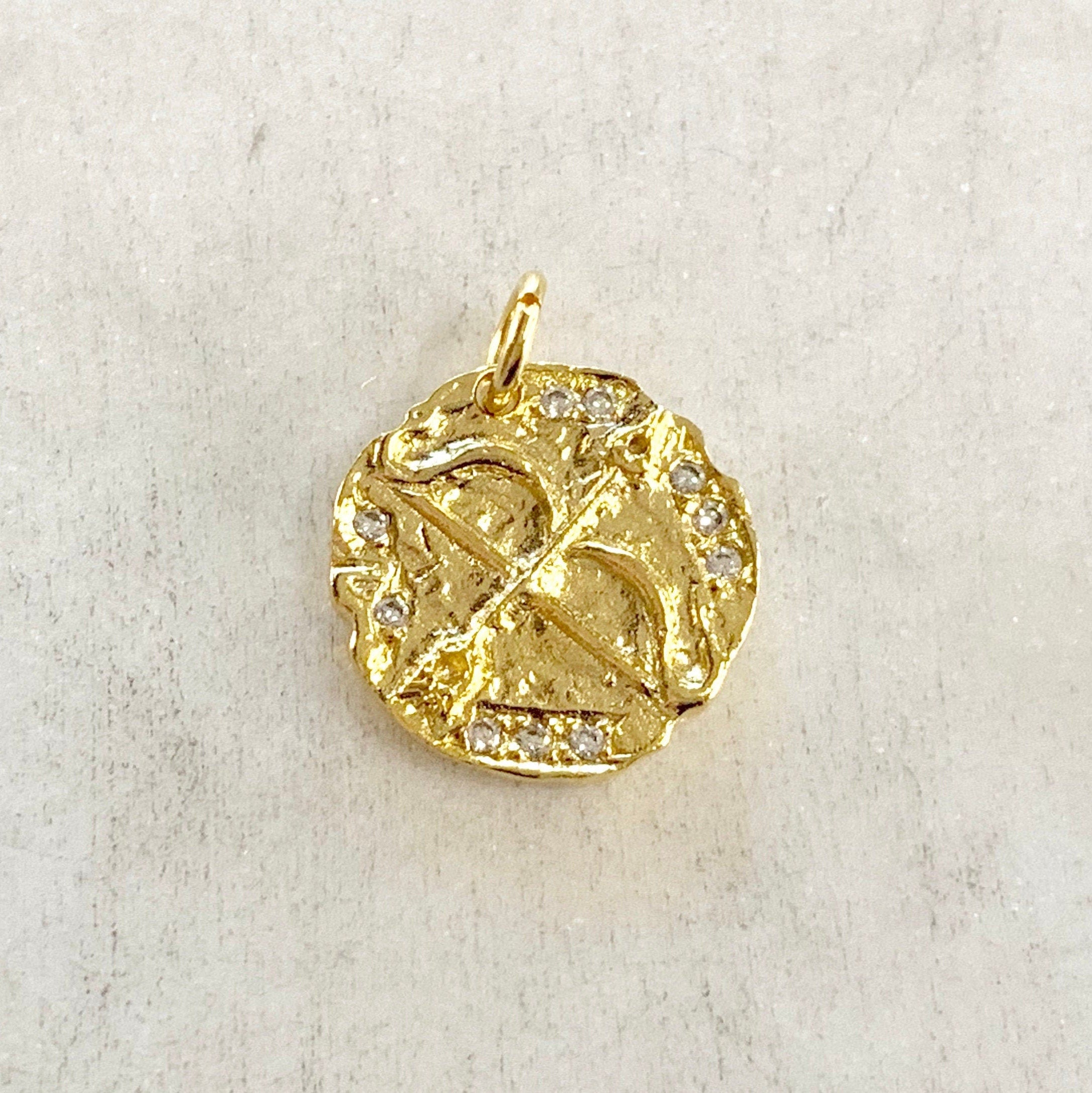 Gold Plated CZ Cupid Arrow Zodiac Coin Cubic Zirconia Drop Charm