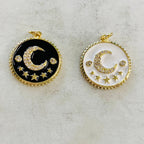 Gold Plated Cubic Zirconia Crescent Moon and Star Coin Pendant Pave