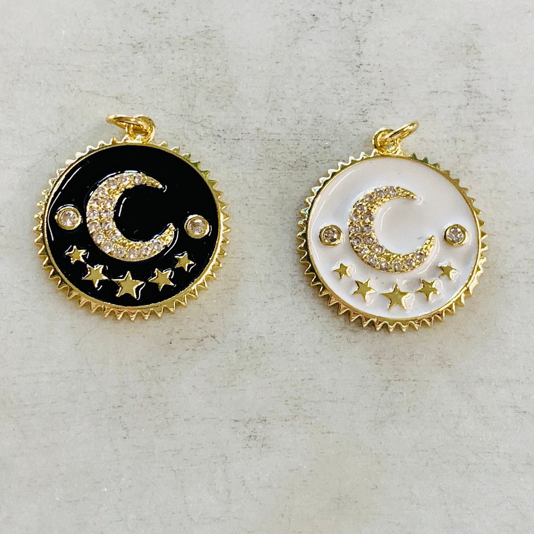 Gold Plated Cubic Zirconia Crescent Moon and Star Coin Pendant Pave