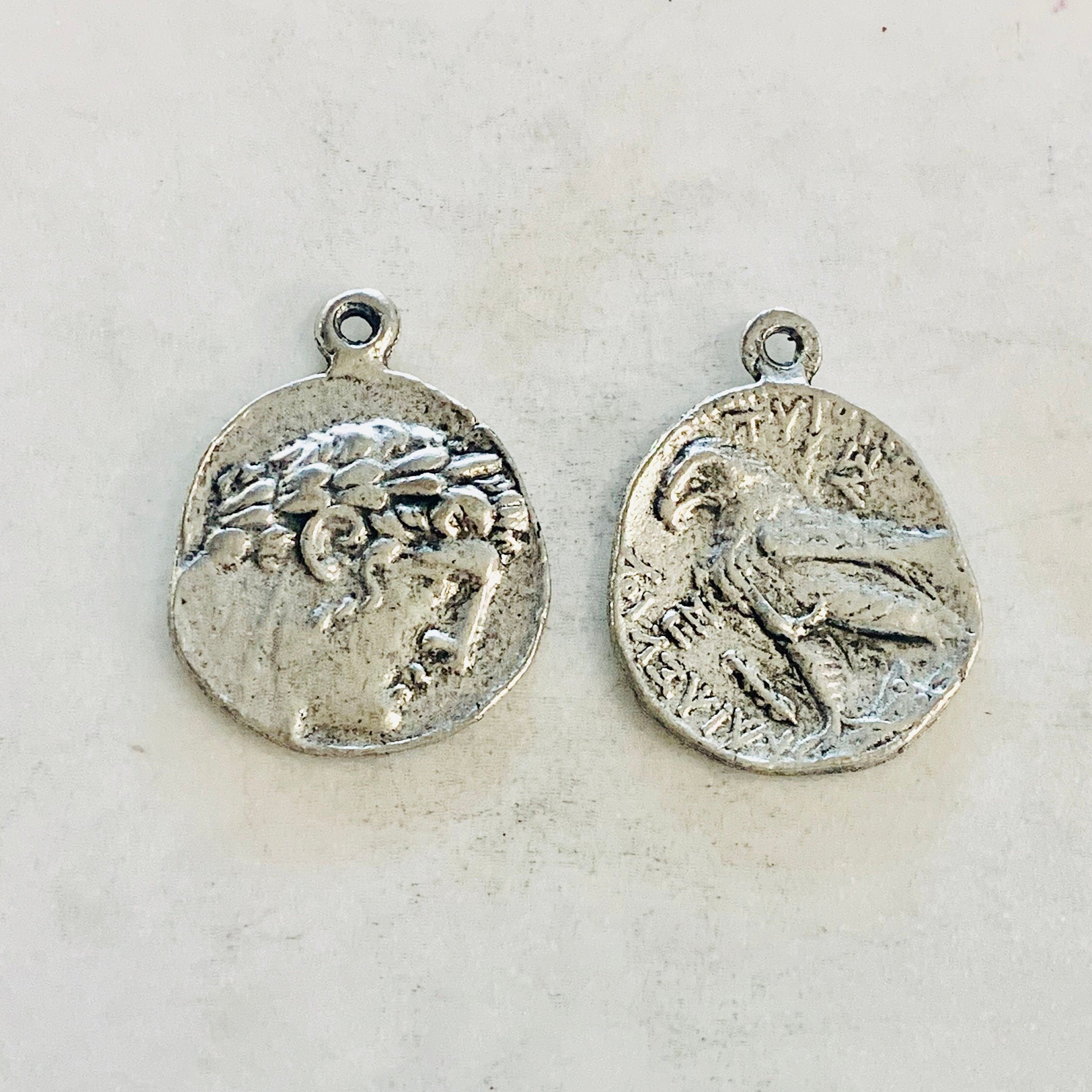 Pewter Ancient Greek Coin Double Sided Eagle Medallion Charm