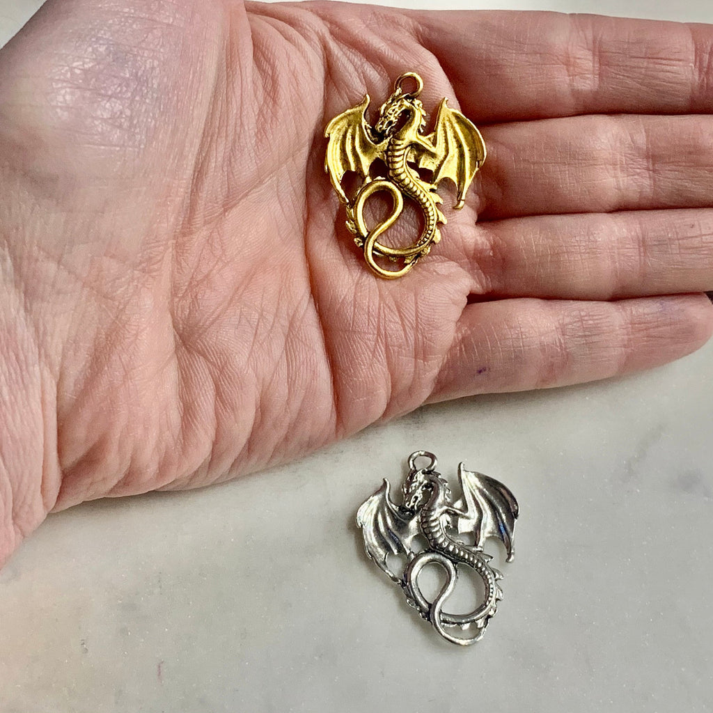 35mmx26mm Pewter Flying Detailed Dragon Charm Fantasy Medieval Magic