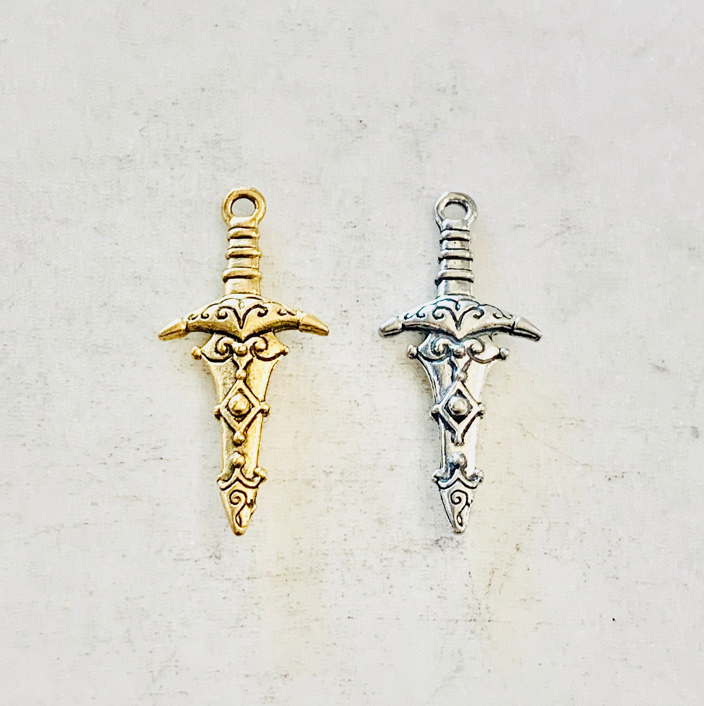 Pewter Double Sided Medieval Dagger Sword Charm Pendant (2pc)