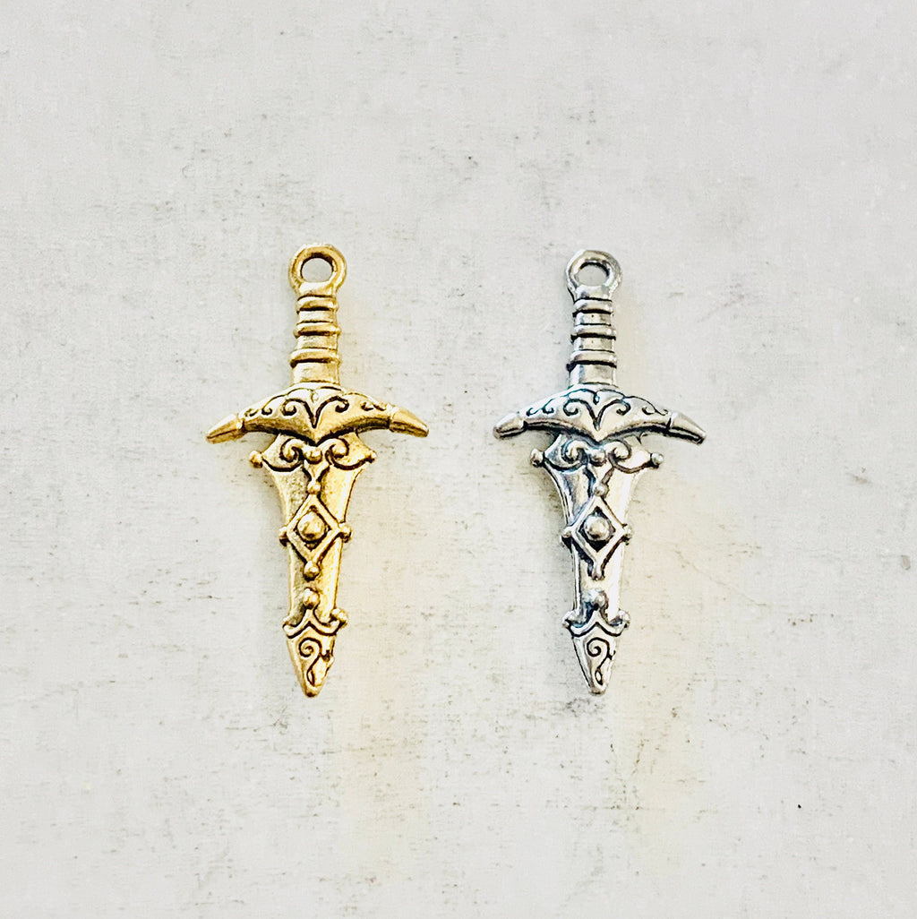 Pewter Double Sided Medieval Dagger Sword Charm Pendant (2pc) – Antique Gold