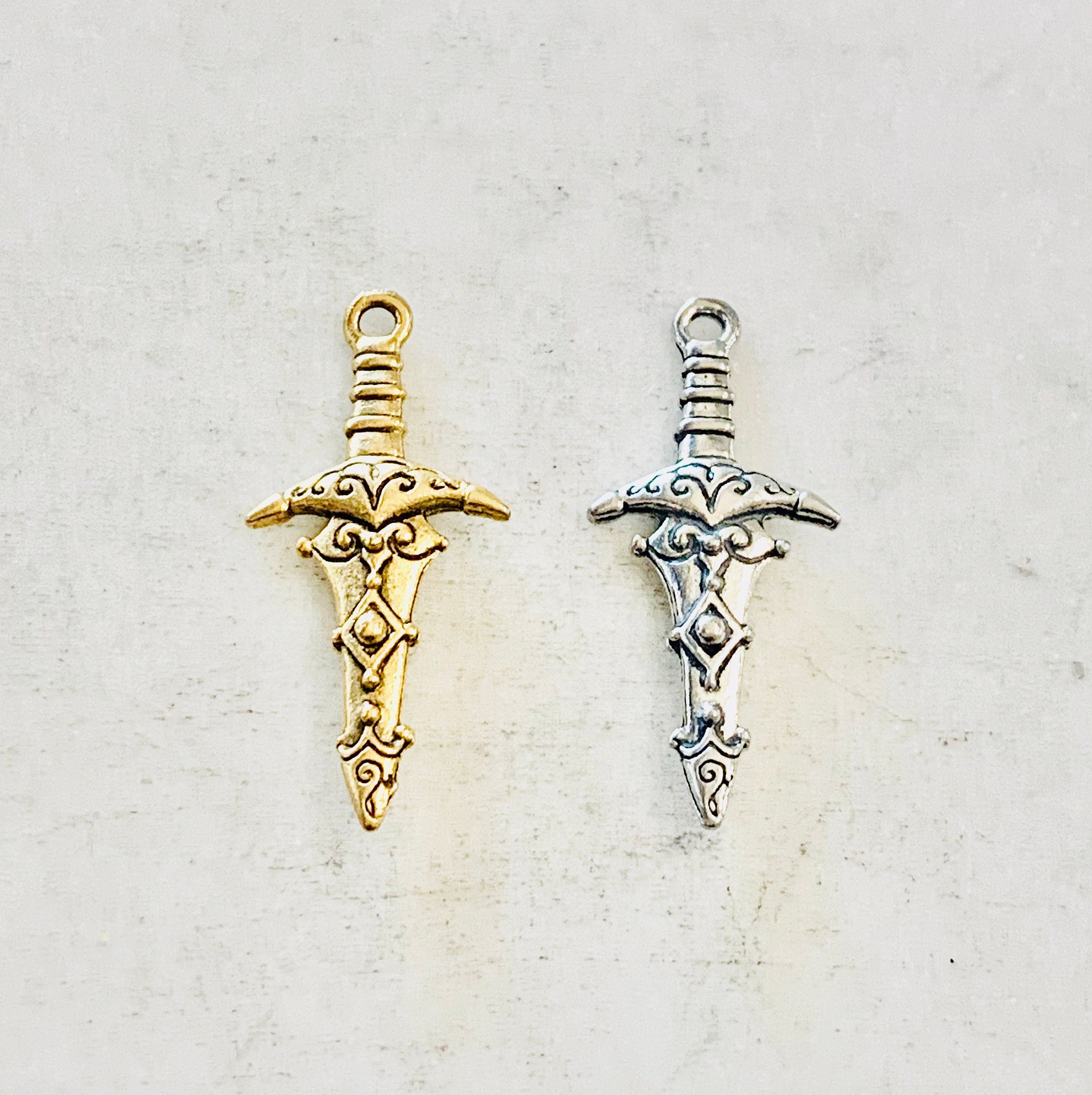 Pewter Double Sided Medieval Dagger Sword Charm Pendant (2pc) – Antique Gold