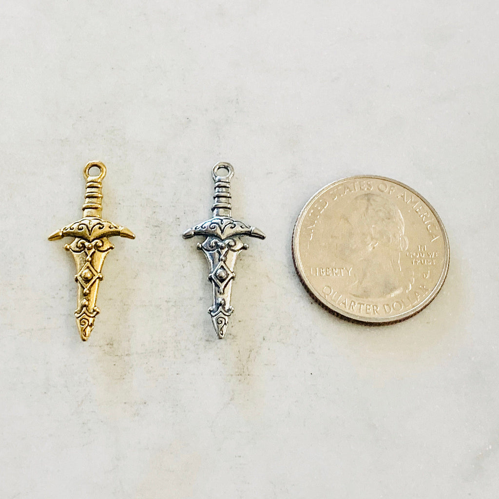 Pewter Double Sided Medieval Dagger Sword Charm Pendant (2pc) – Antique Gold