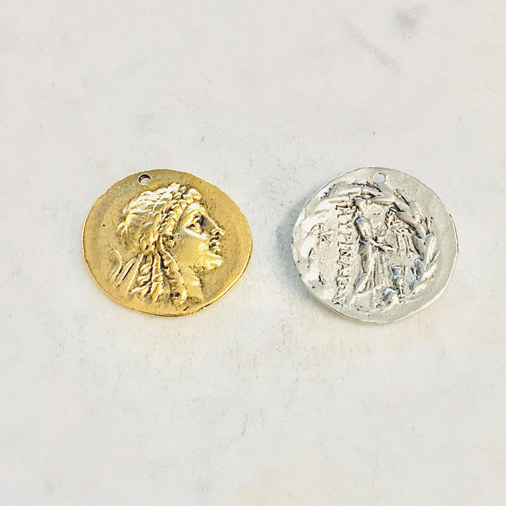 30mmx28mm Pewter Large Ancient Greek Coin Symbol Double Sided Symbolic
