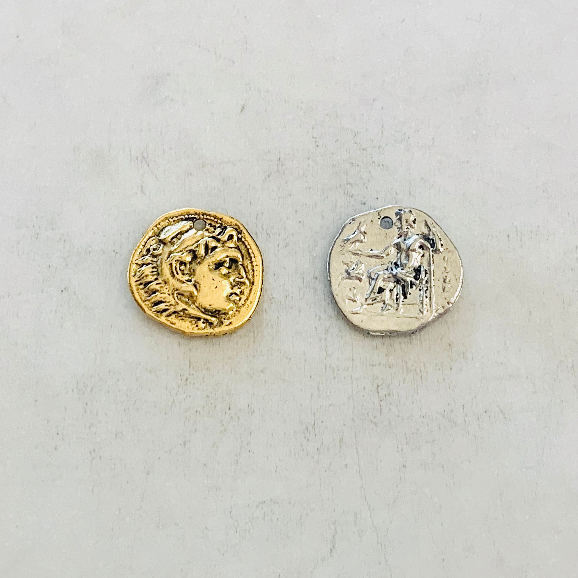 15mmx15mm Pewter Ancient Greek Coin Symbol Double Sided Sculpture