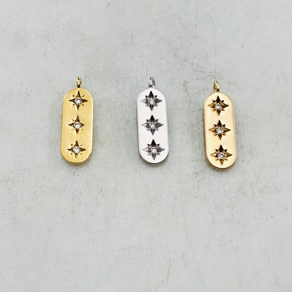 Gold Plated or Rhodium Plated Trio Star Bar Pendant Sideways Drop Charm