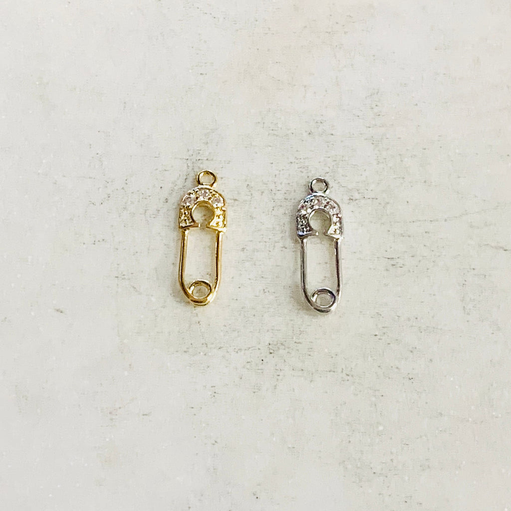 Gold Plated or Rhodium Plated or CZ Tiny Safety Pin Connector Charm Pendant