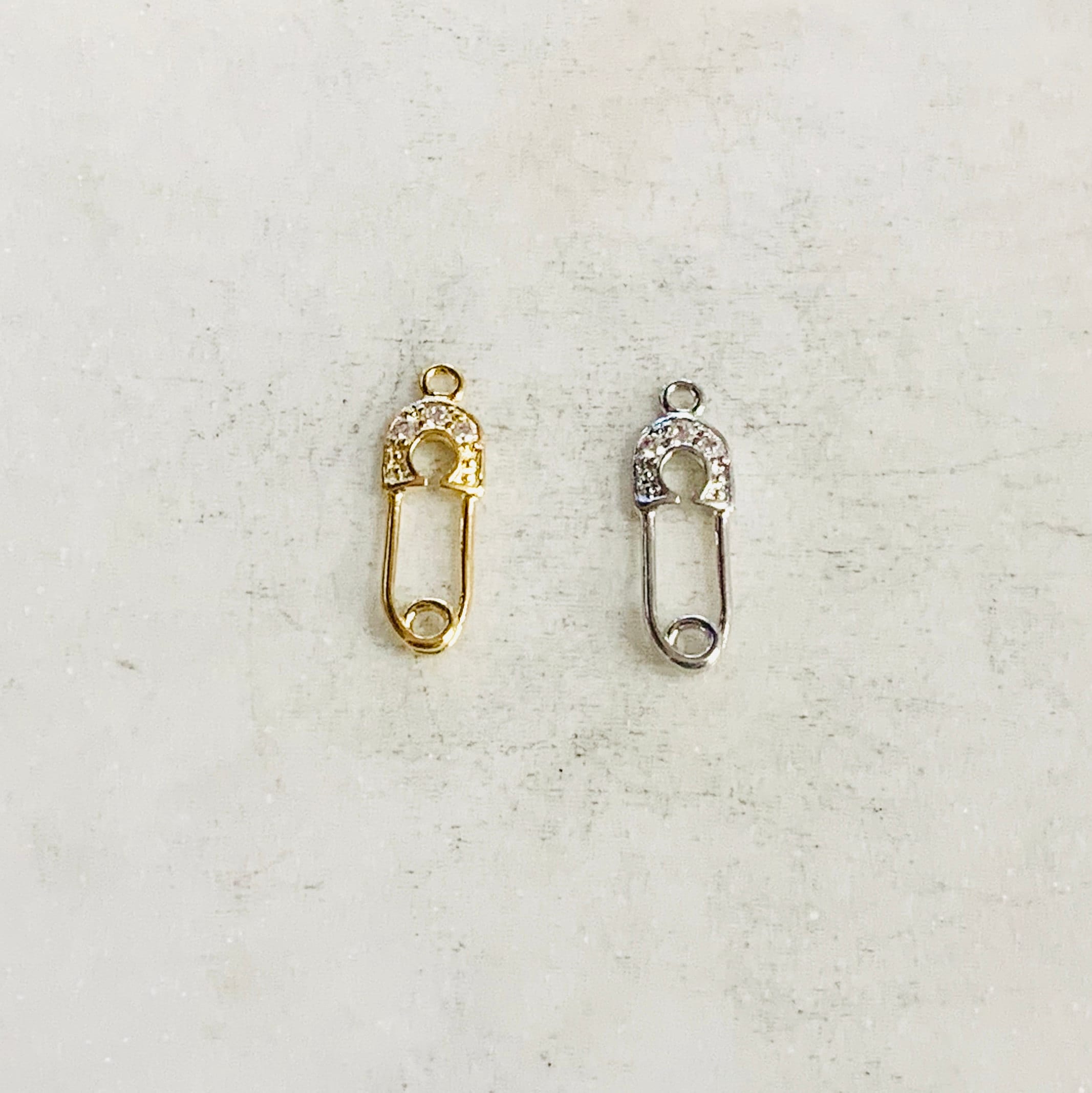 Gold Plated or Rhodium Plated or CZ Tiny Safety Pin Connector Charm Pendant