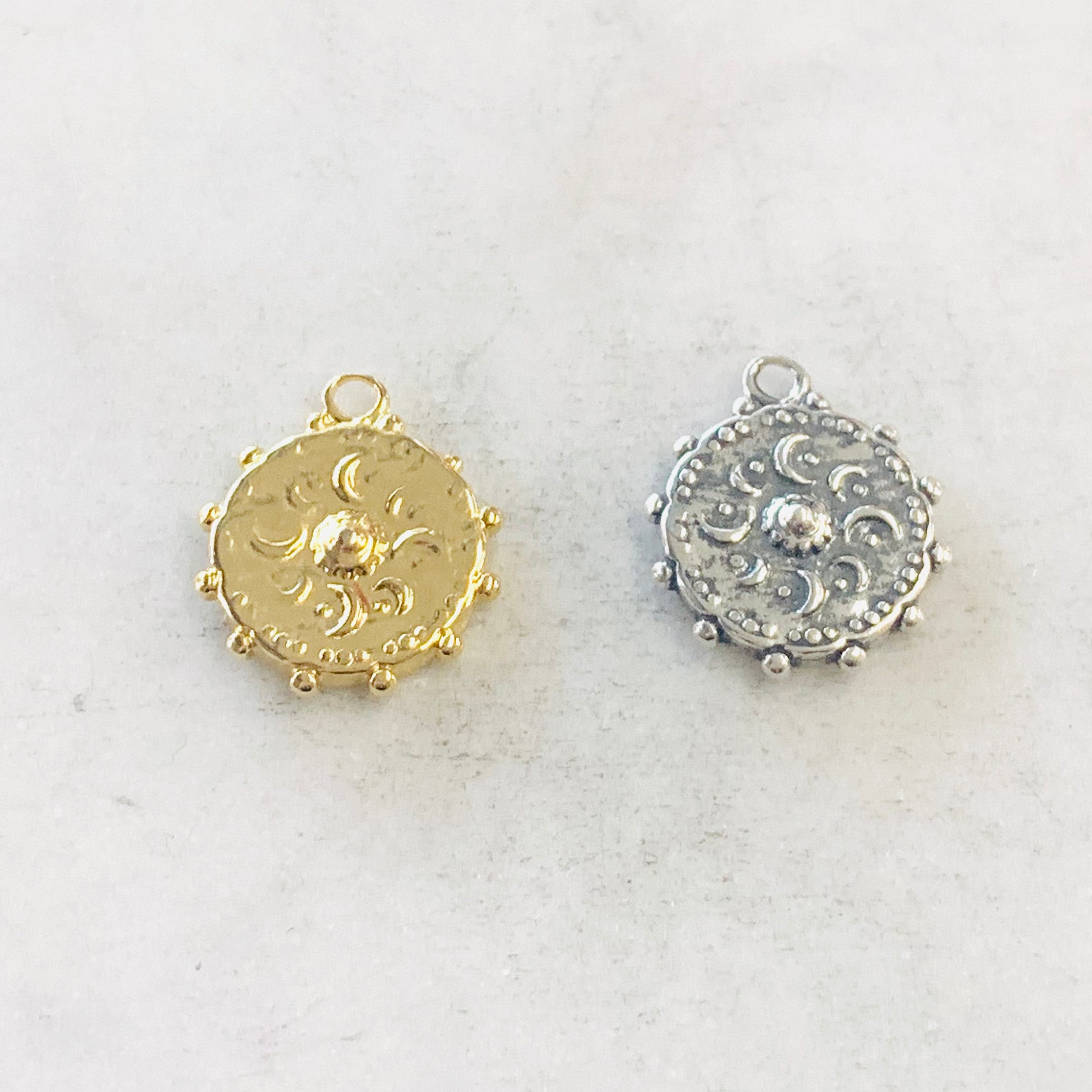 Sterling Silver or Vermeil Celestial Coin Crescent Moon with Dotted Edge Rim