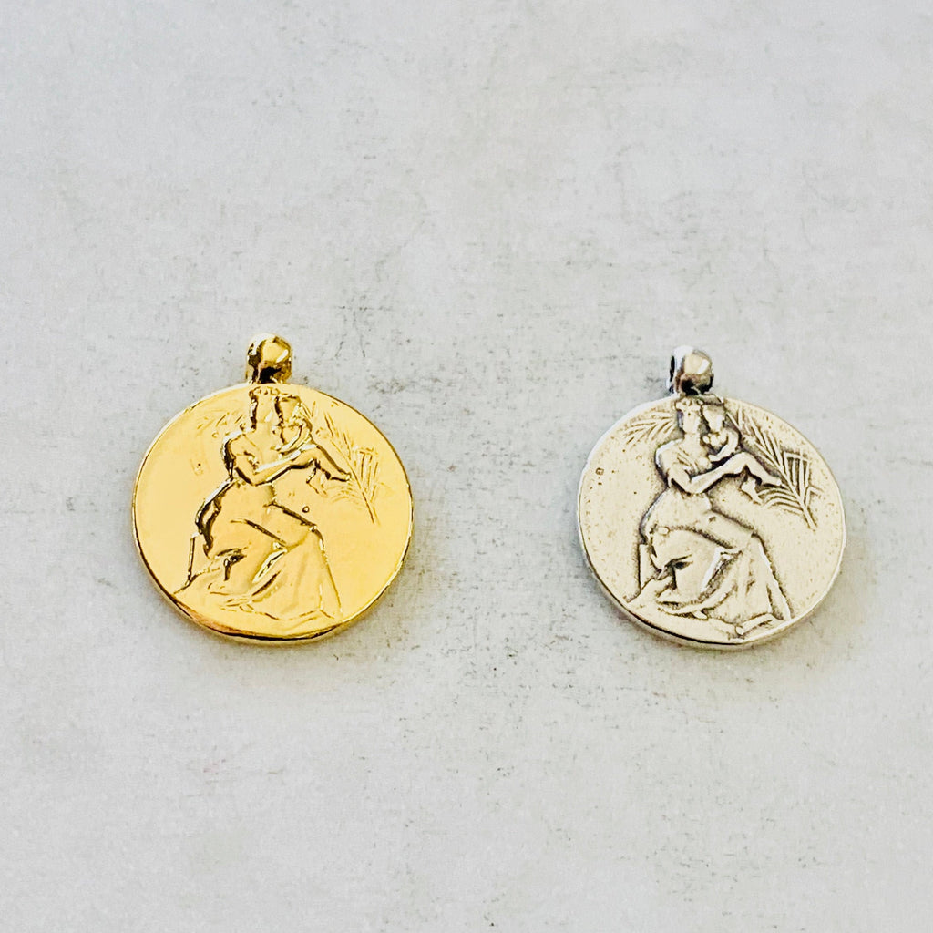 Sterling Silver or Vermeil Mother Holding Child Coin Round Medallion French