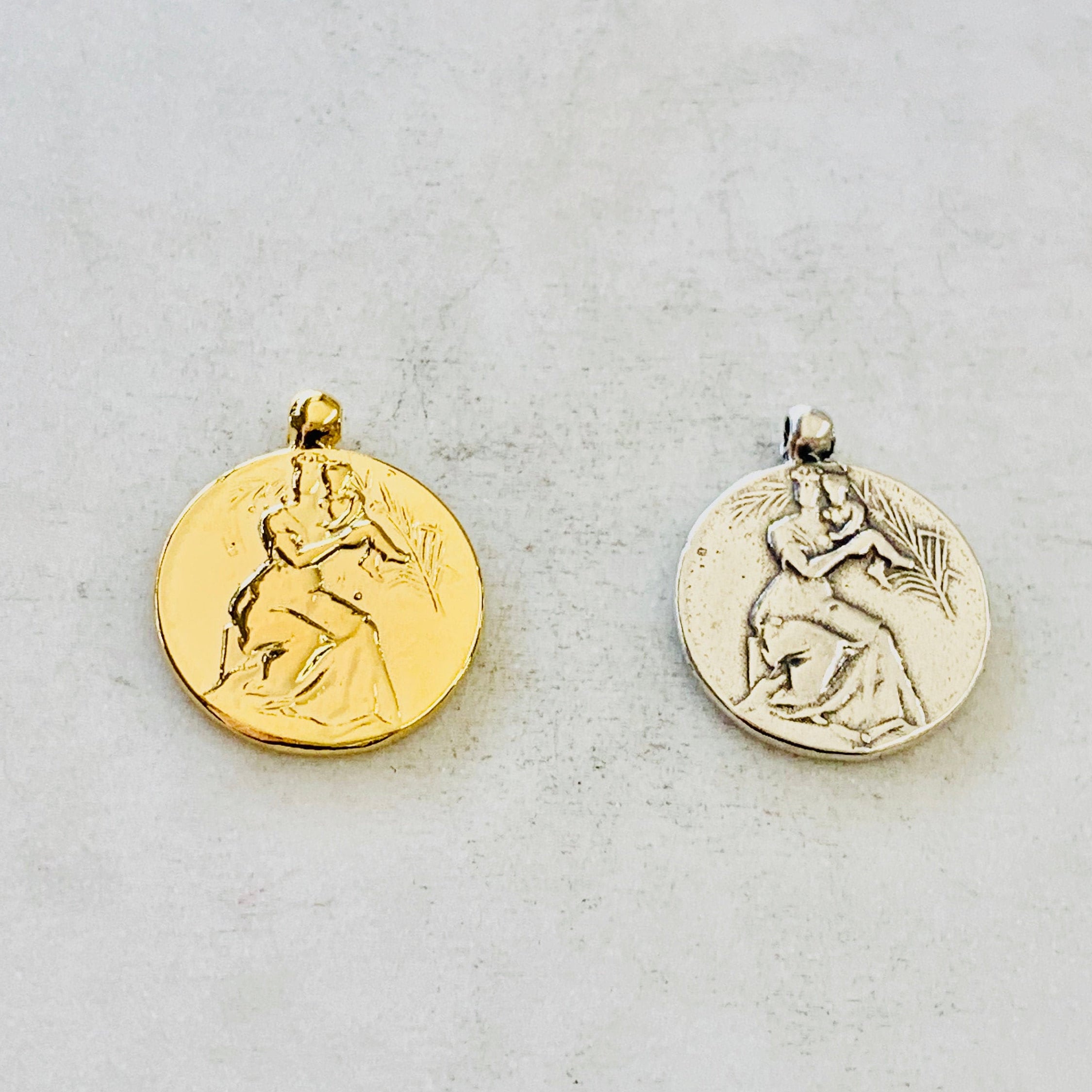 Sterling Silver or Vermeil Mother Holding Child Coin Round Medallion French
