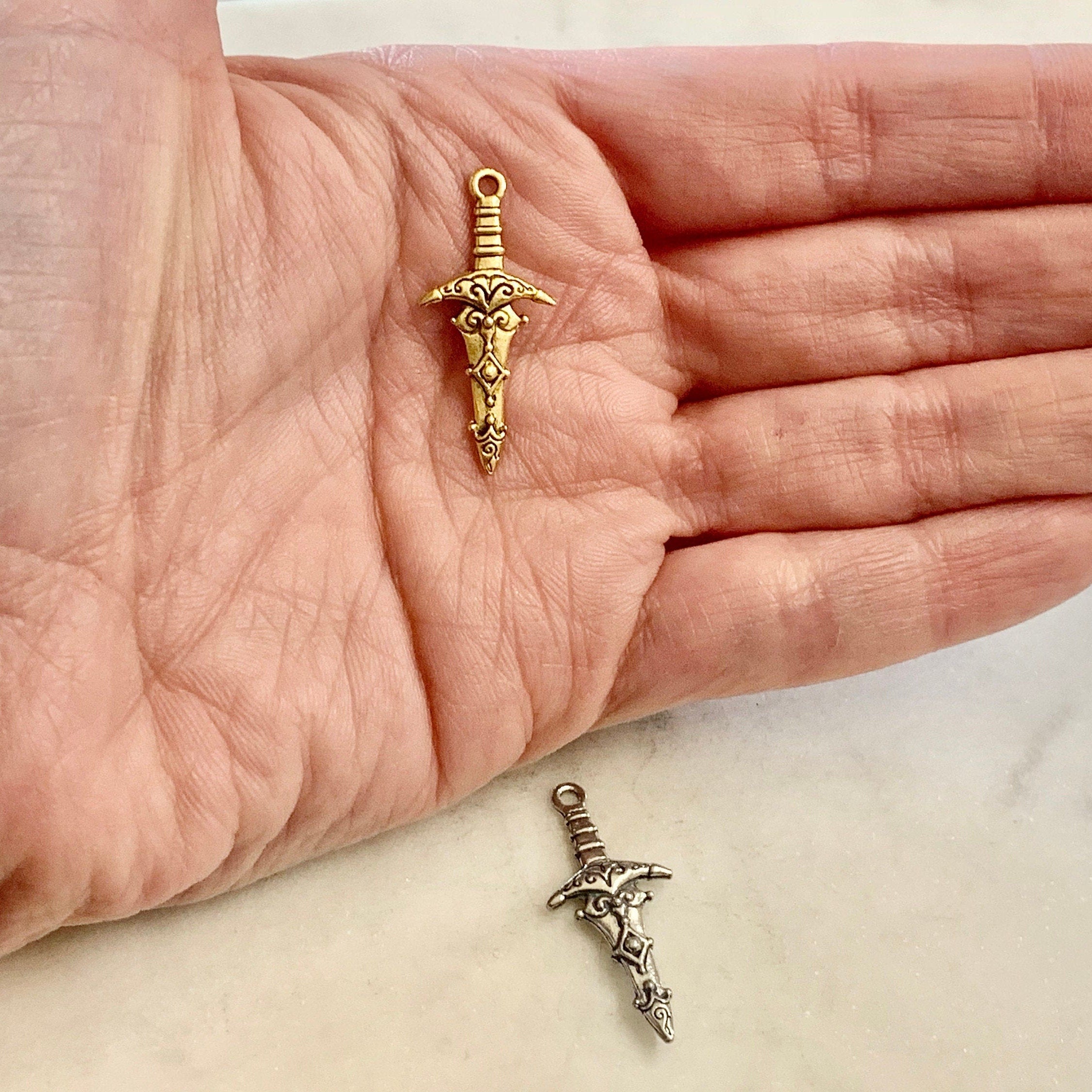 Pewter Double Sided Medieval Dagger Sword Charm Pendant (2pc)