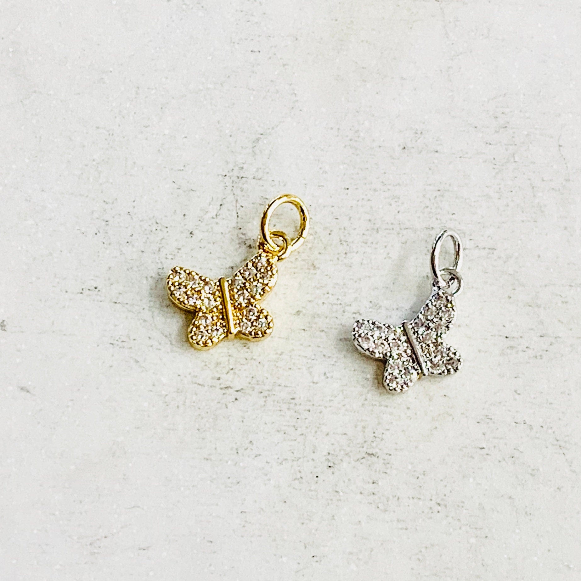 Gold Plated or Rhodium Plated Dainty CZ Pave Butterfly Charm Spring Nature
