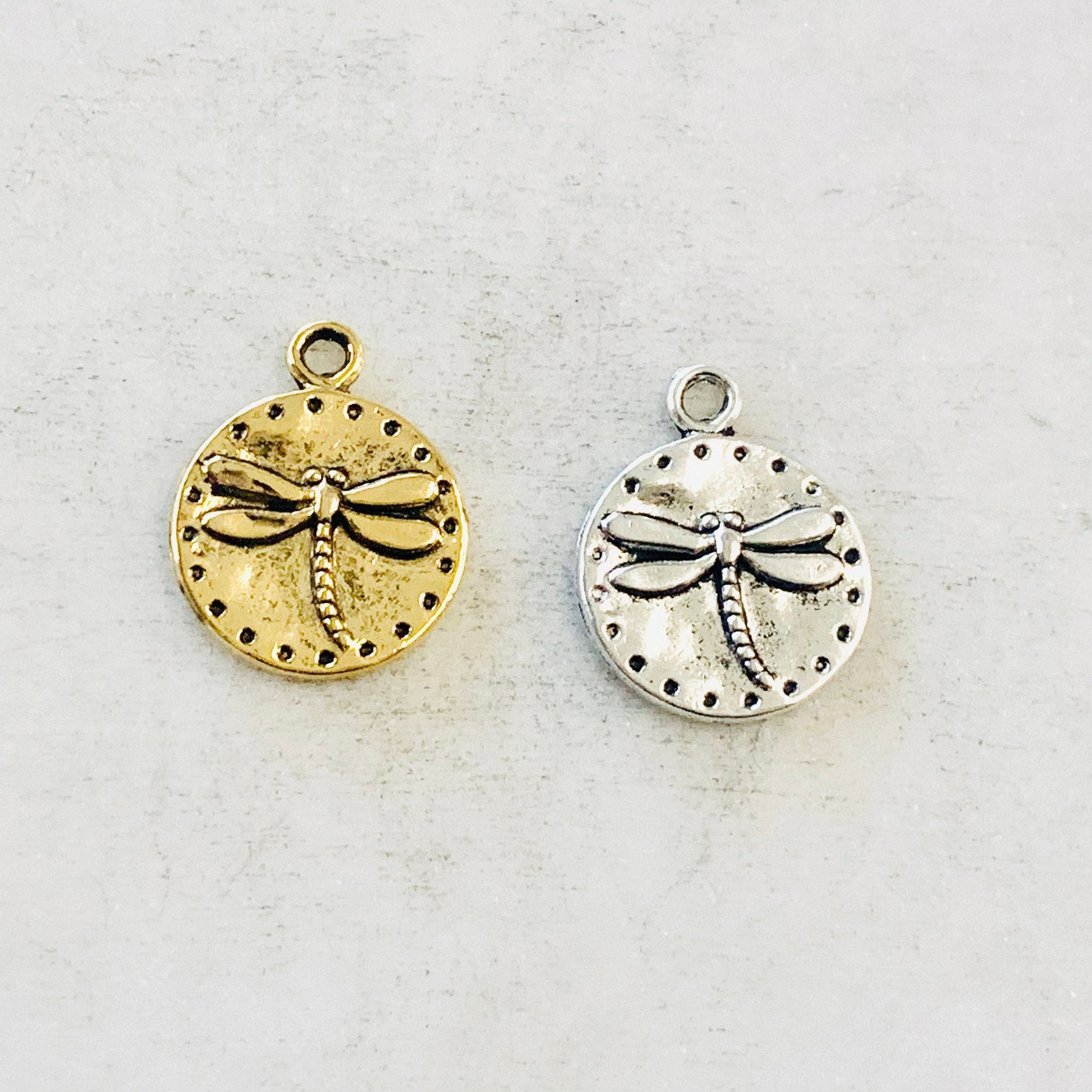 Pewter Dragonfly Raised Coin Charm Insect Nature Spring Pendant
