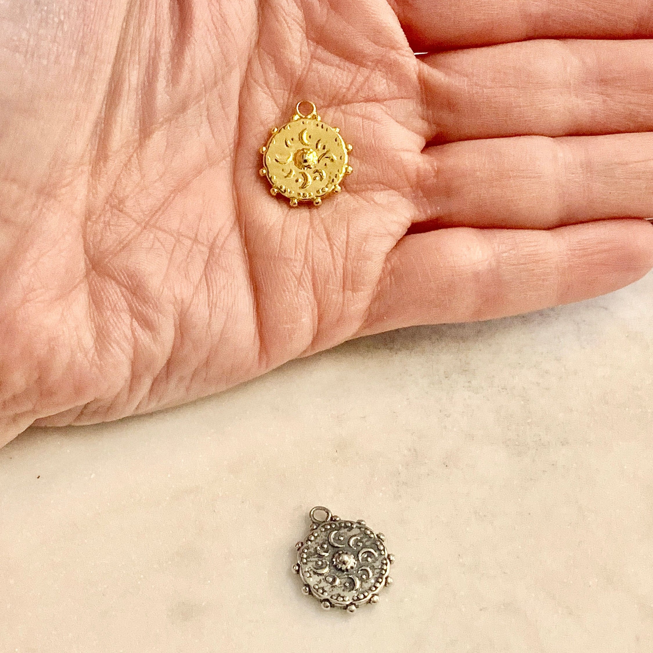 Sterling Silver or Vermeil Celestial Coin Crescent Moon with Dotted Edge Rim