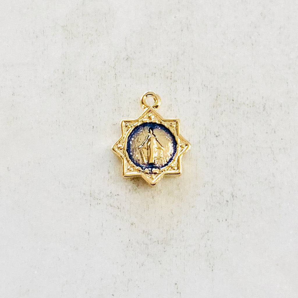 Gold Plated Small Epoxy Mother Mary Star Medallion Charm