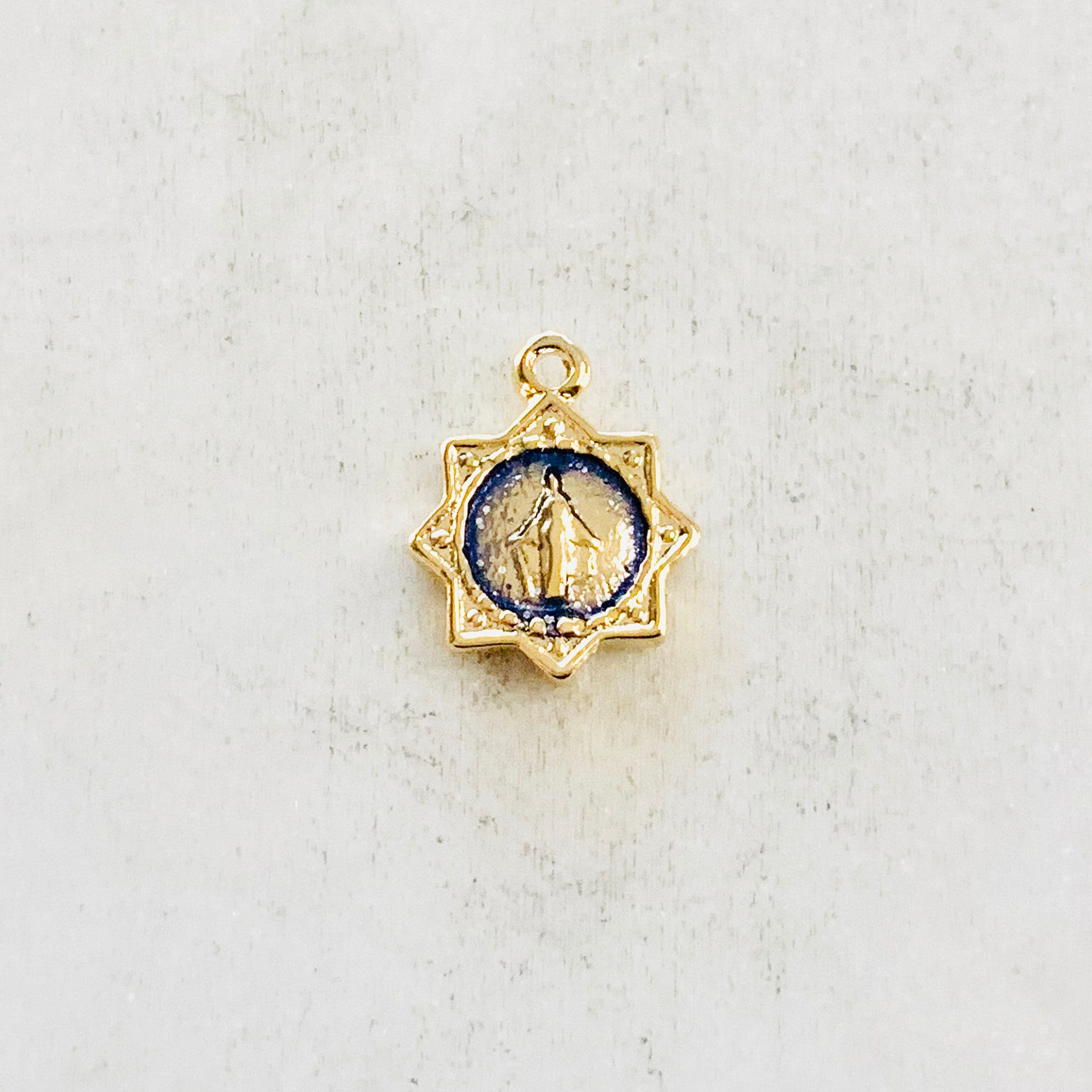 Gold Plated Small Epoxy Mother Mary Star Medallion Charm