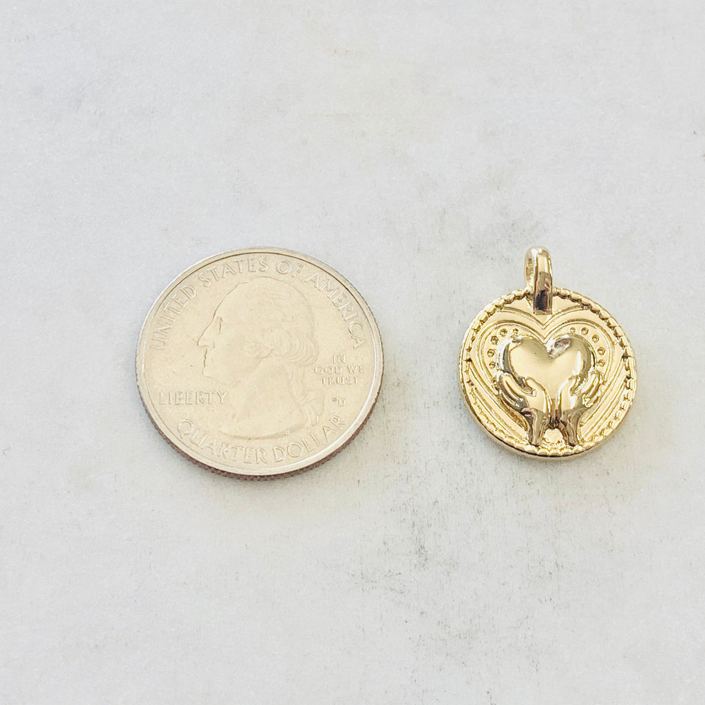 Gold Plated Vintage Inspired Hand Holding Heart Coin Charm Love