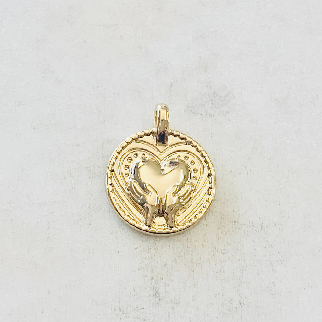 Gold Plated Vintage Inspired Hand Holding Heart Coin Charm Love
