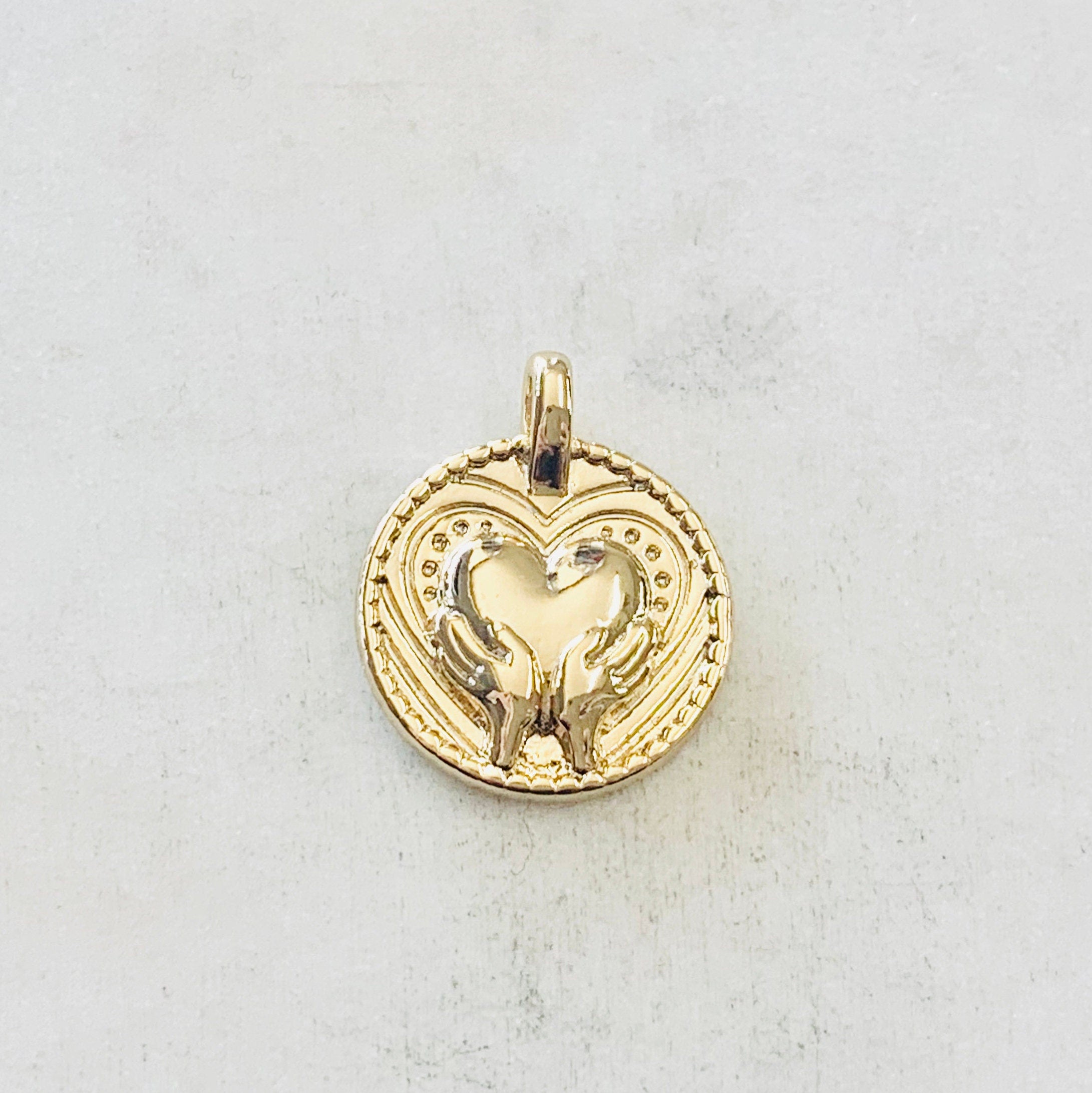 Gold Plated Vintage Inspired Hand Holding Heart Coin Charm Love