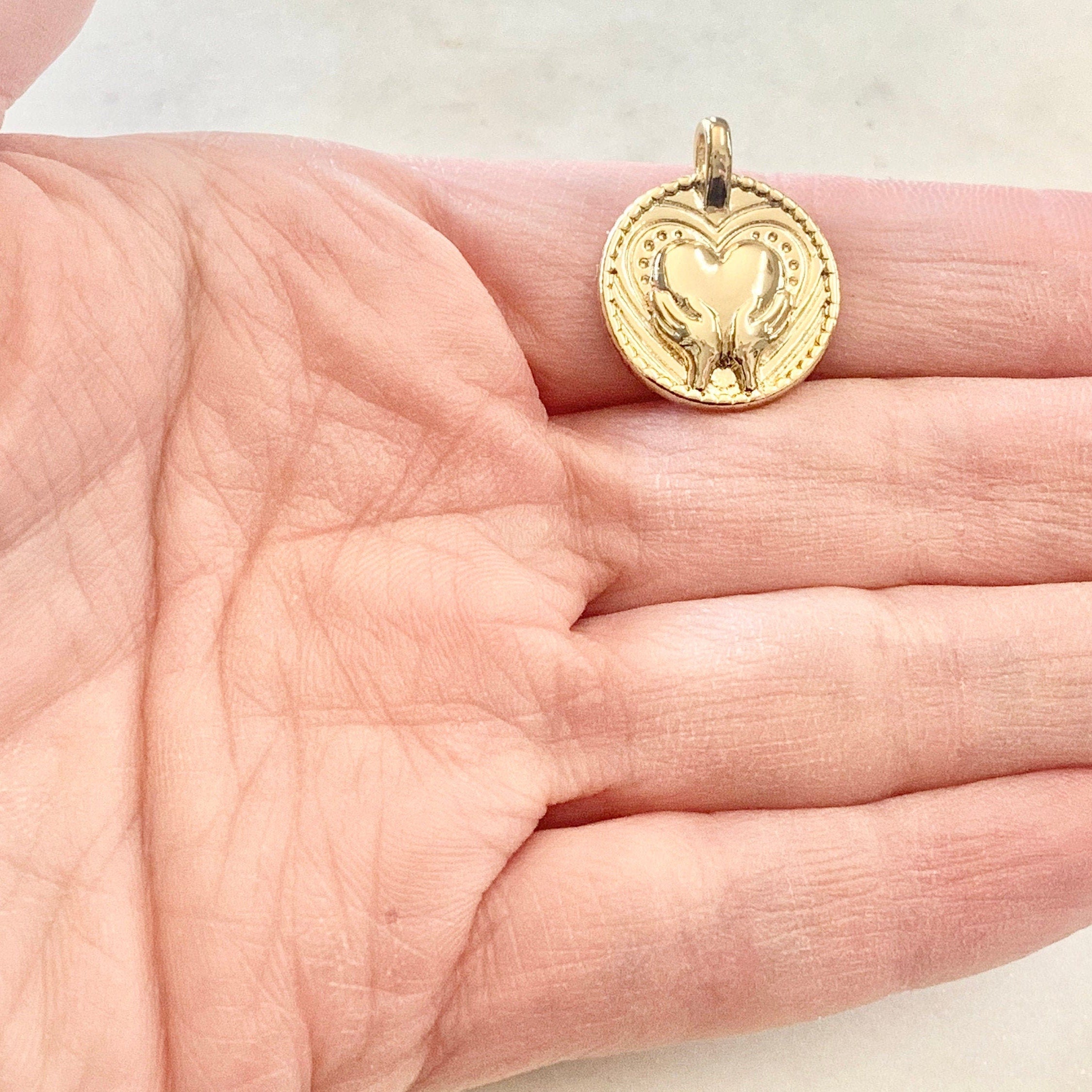 Gold Plated Vintage Inspired Hand Holding Heart Coin Charm Love
