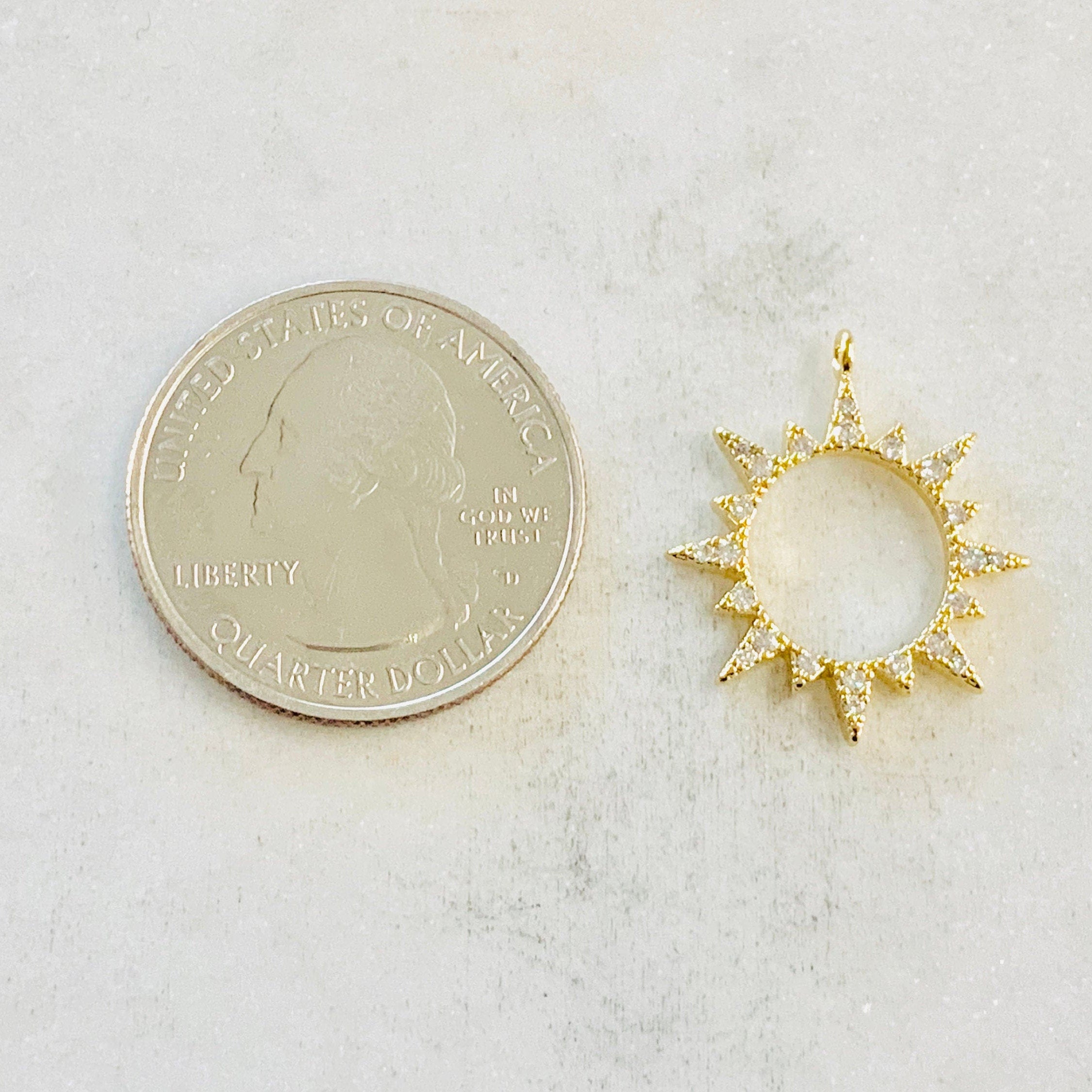 Gold Plated Cubic Zirconia Starburst Sun Charm Round Circle Drop