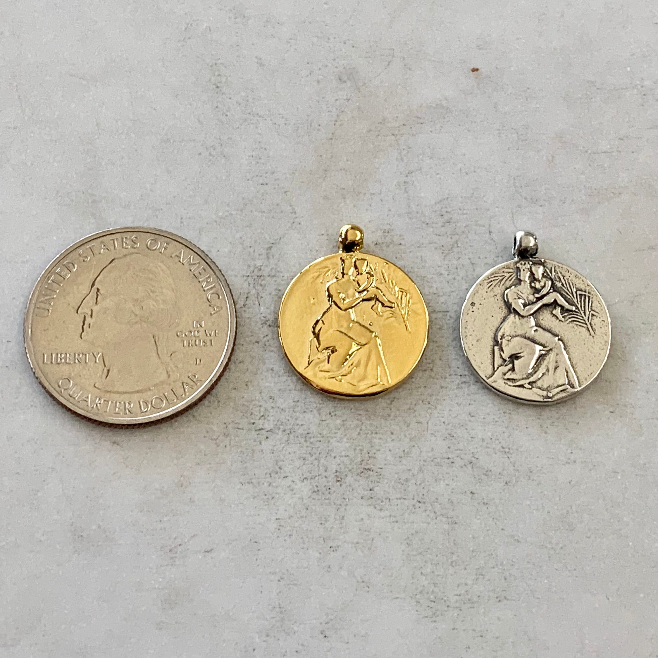 Sterling Silver or Vermeil Mother Holding Child Coin Round Medallion French