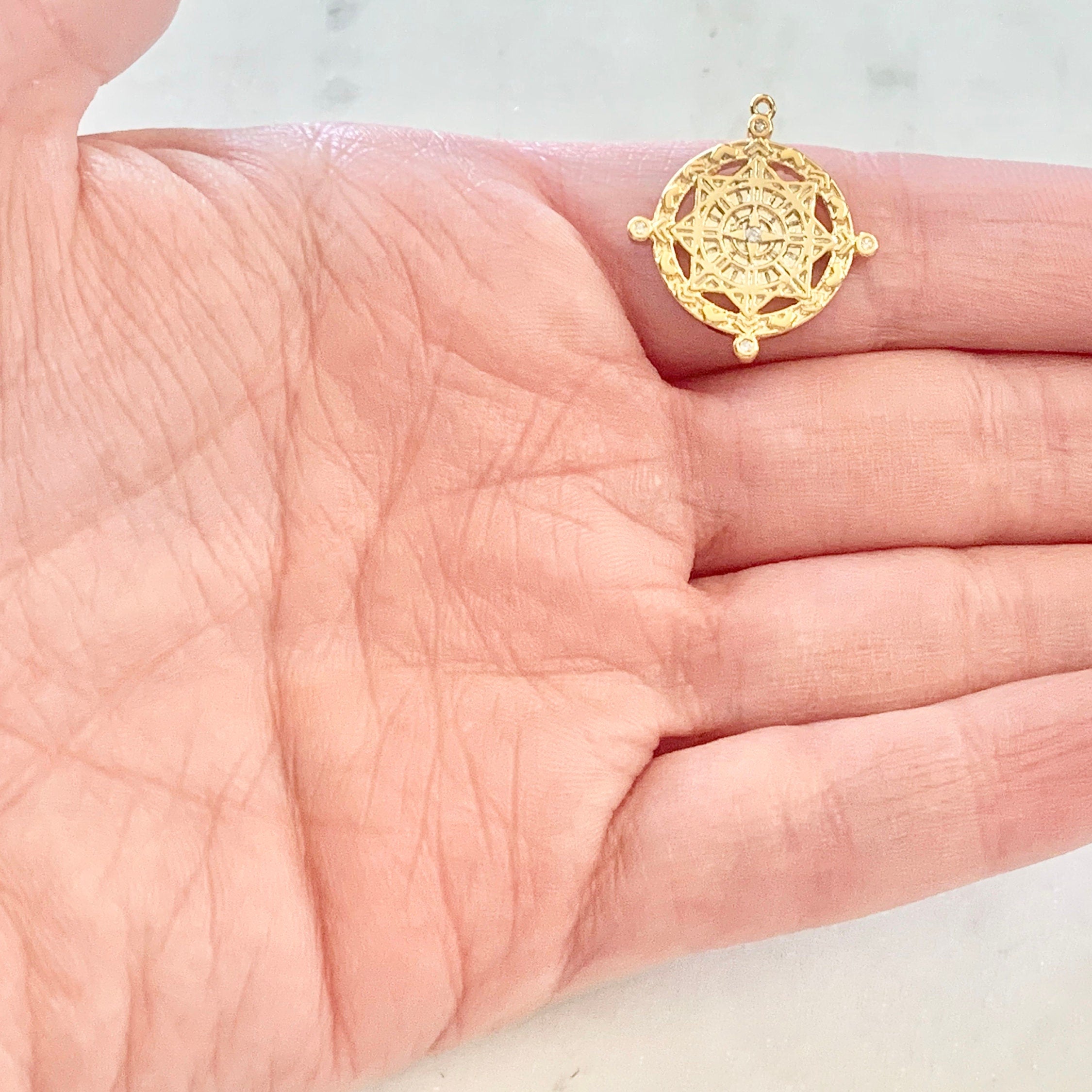 Gold Plated or Brass Vintage Style 4 Point Coin Disc Medallion Charm CZ Drop